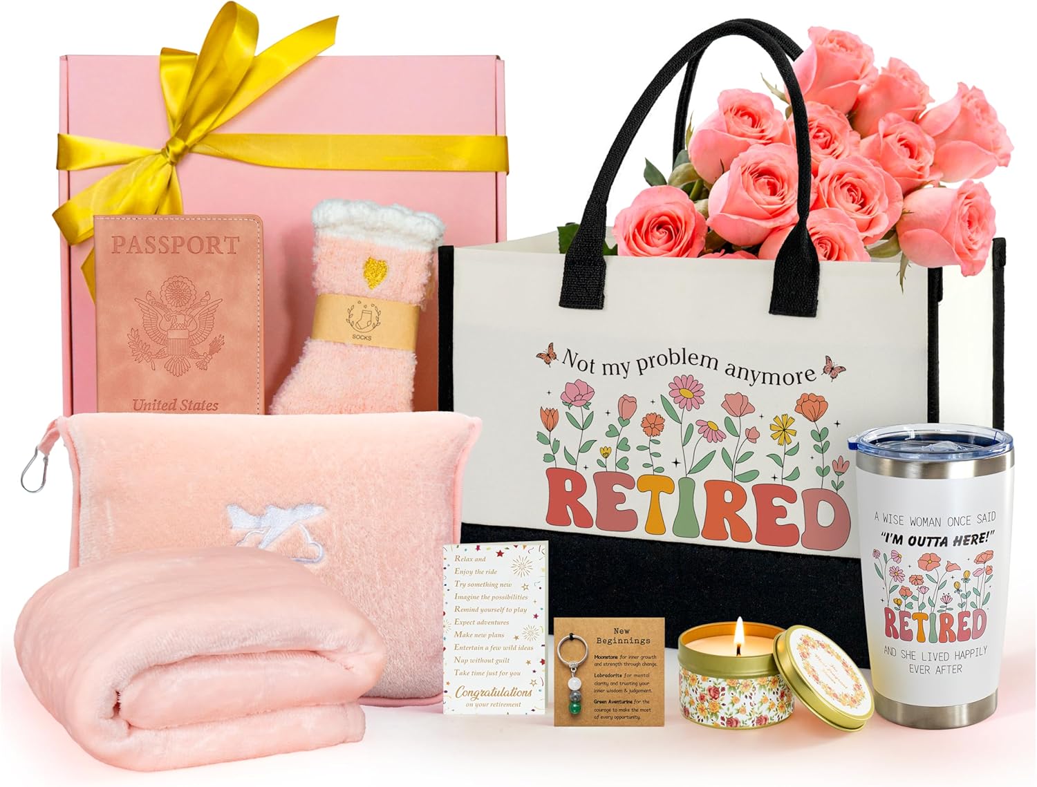 Retirement Gifts for Women 2026, Cool Retirement Gift for Coworker Teacher Nurses Boss Friends Mom Grandma Retirees, Farewell Leaving with Travel Blanket & Pillow, Happy Retired Gift Basket
