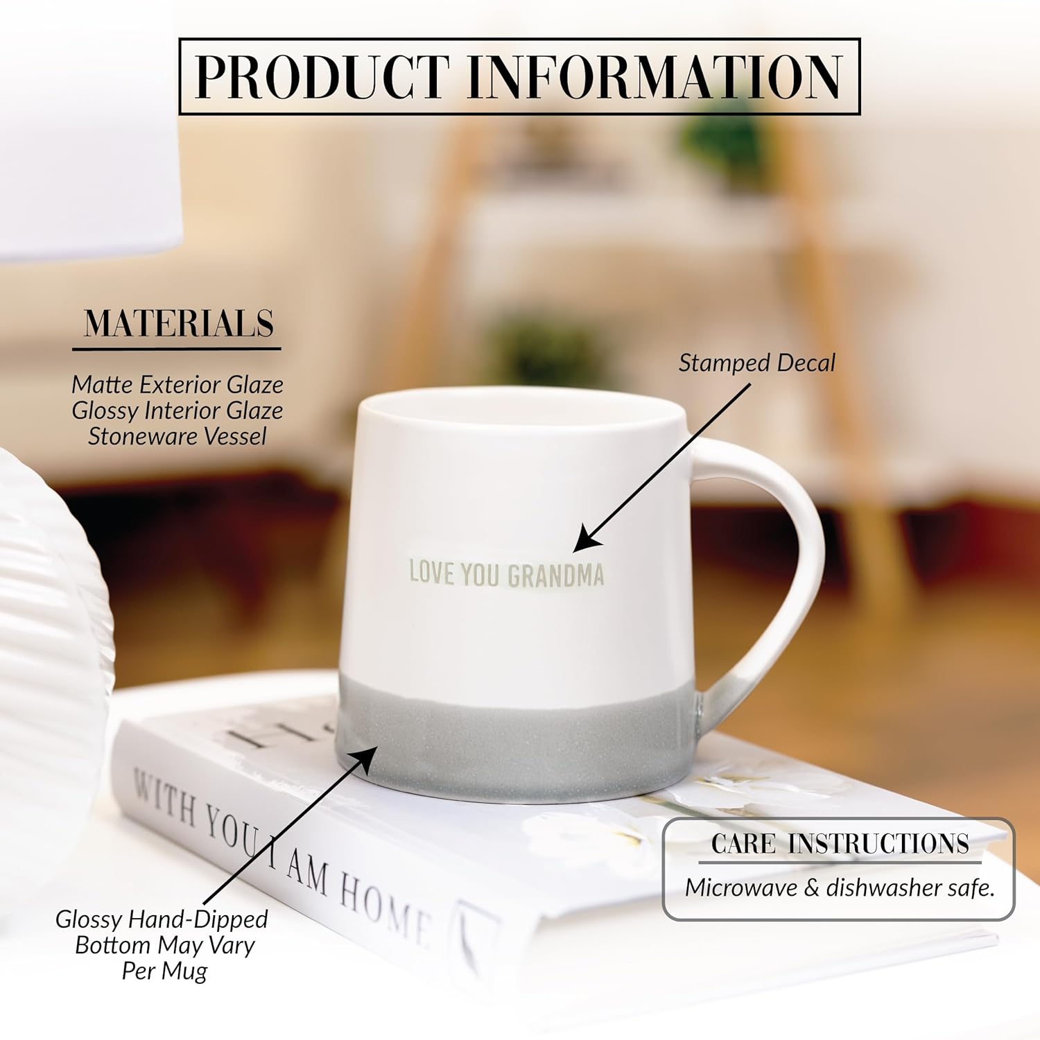 Pavilion Gift Company - Love You Grandma - 17 oz Organic Shaped Gray Dipped Stamped Letter Novelty Coffee Mug Tea Cup Stepgrandma Mimi Nana Grammy Gift From Grandkids Neutral Home Modern Present - Image 3