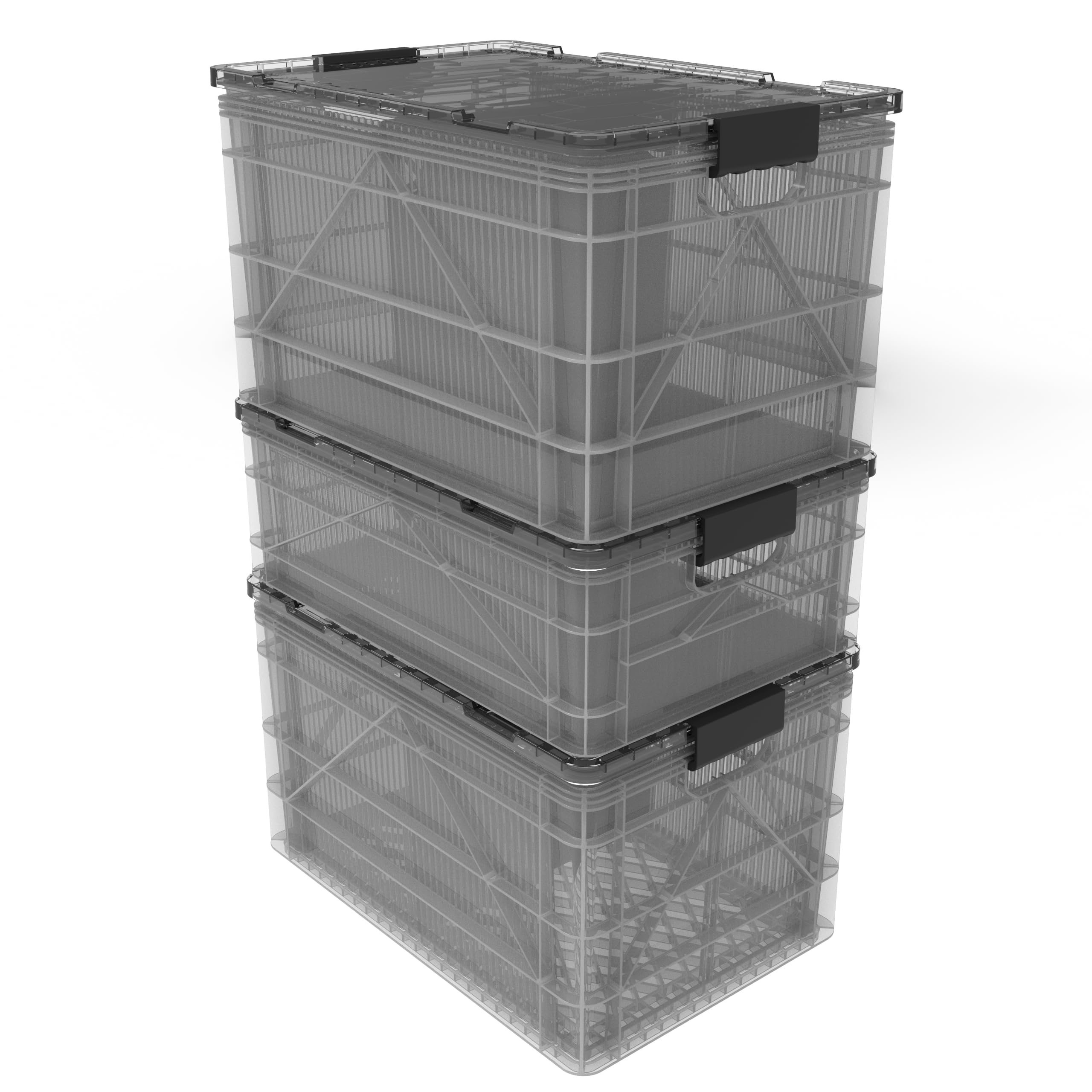 SIDIO CRATE Pro Pack - Two Full Size and One Half Size SidioCrate, Stackable Outdoor Organizer Storage Bins with Clear Lid and Dividers - Clear