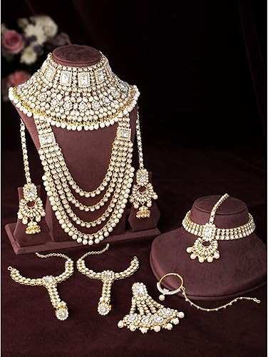 Vista 3 de Aheli Traditional Wedding Indian Bharatanatyam jewellery set Long Choker Necklace Earrings Maang Tikka Nath Paasa Hath Phool Gift for Women