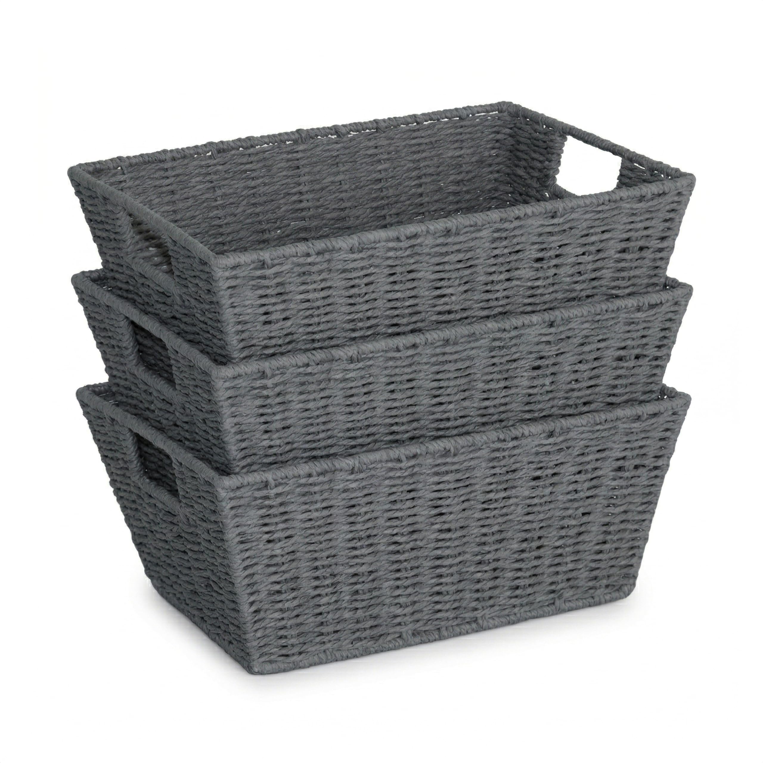 Wickerfield Paper Rope Storage Baskets for Shelves Kitchen Bedroom, Woven Hamper Basket with Handle, Bathroom Storage Baskets for Toiletries, Nesting Handwoven Basket for Storage (3, Grey)