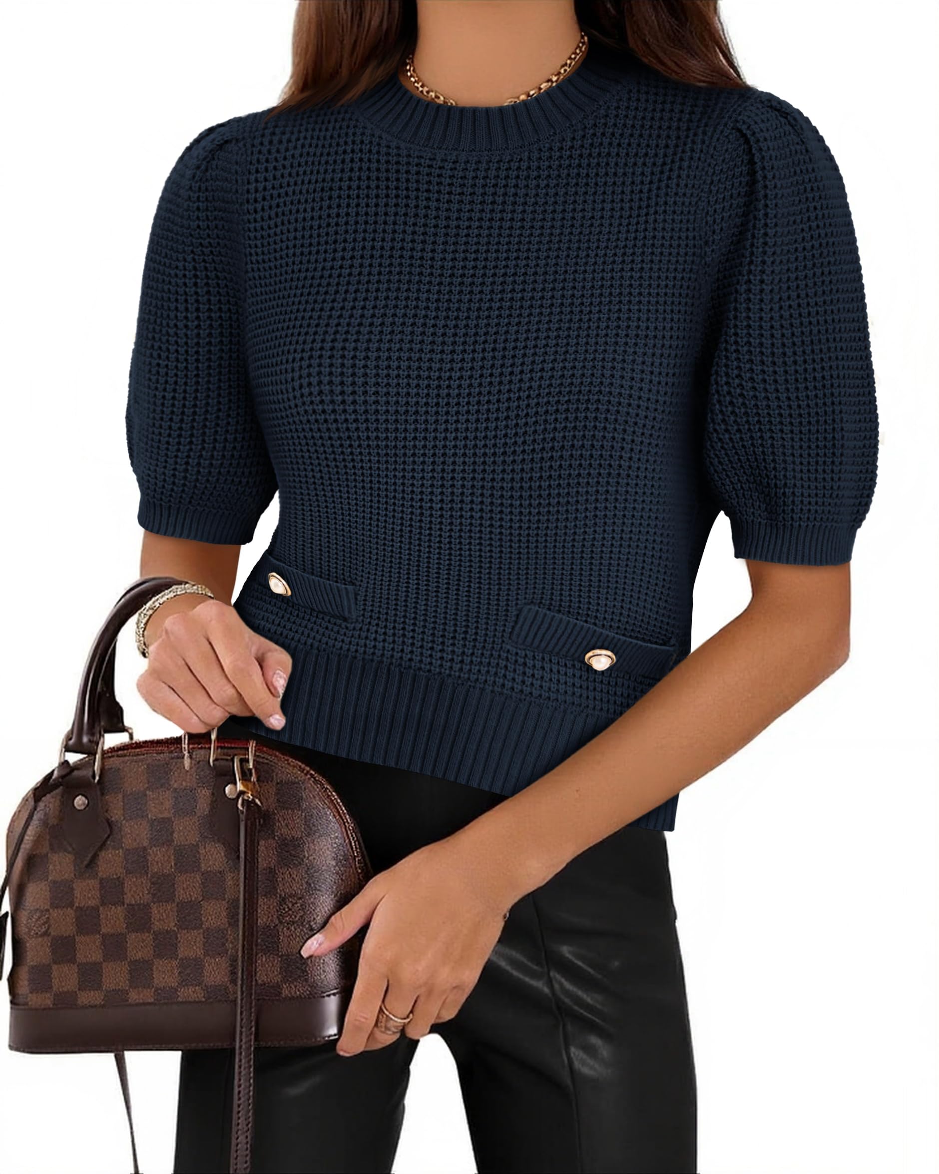 Womens Puff Short Sleeve Sweaters Tops Cropped Ribbed Knit Lightweight Pullover Casual Loose Fit Crewneck Sweater-image-43