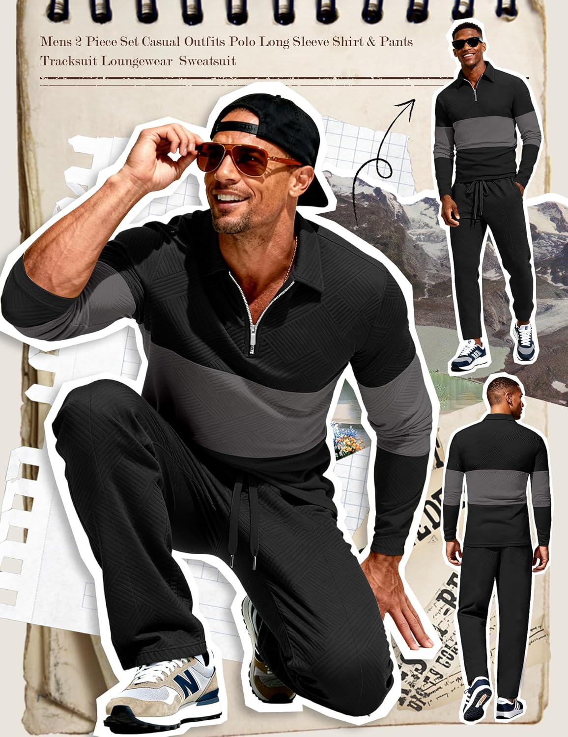 UOUA Mens 2 Piece Set Casual Outfits 1/4 Zip Polo Long Sleeve Shirt & Pants Track Suit Loungewear Athletic Sweatsuit - Image 2