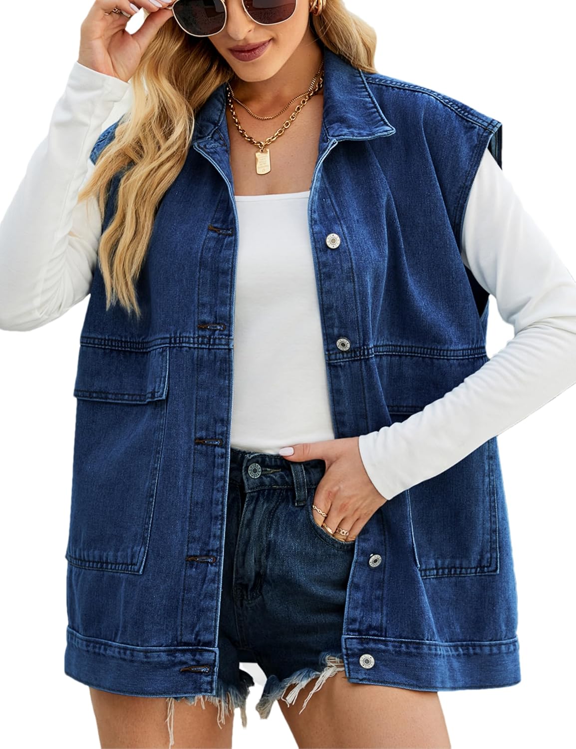 Womens Oversized Sleeveless Jean Denim Jacket Button Down Vest Top for Women Summer Waistcoat Jeans Vests Tops