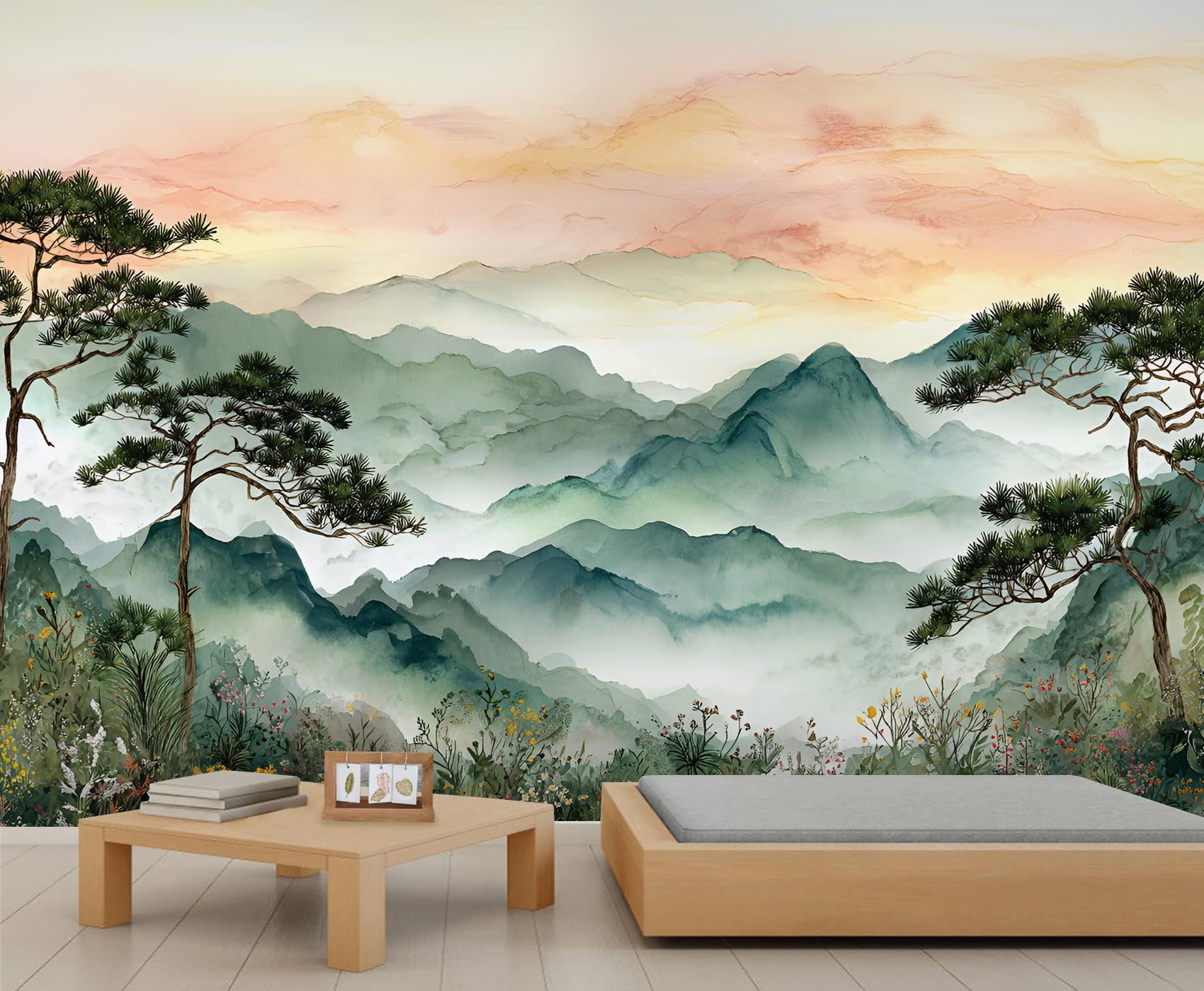 Chinoiserie Landscape Painting Mural Mountain Accent Wallpaper Watercolor Wallpaper Kids for Bedroom Living Room Mural Decor 250X175cm