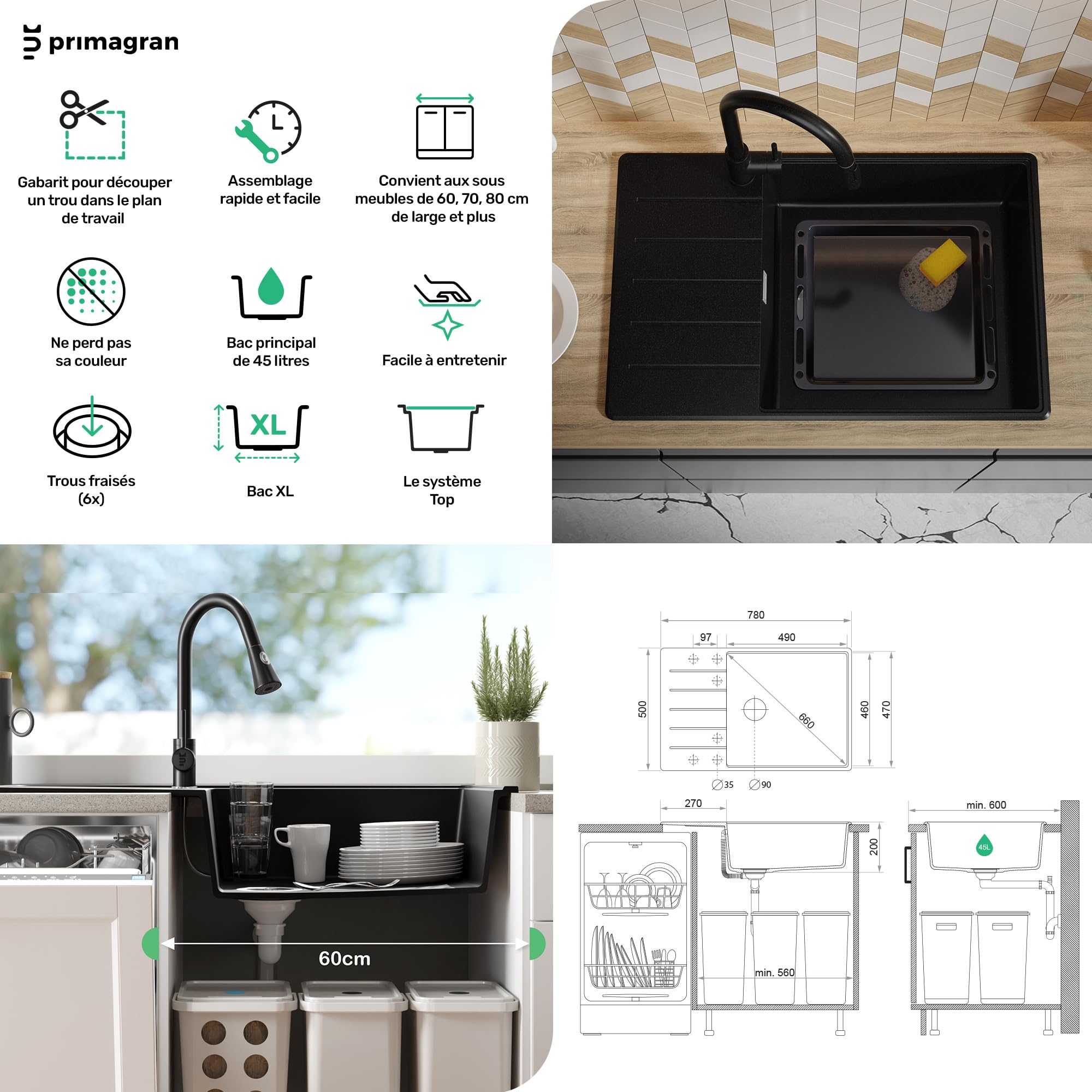 PRIMAGRAN Evier Cuisine en Granit Blanc - Copenhague Top, 78x50cm | Lavabo 1 Bac + Zuberhor-Set, Évier à Encastrer au Meuble 60cm (S603)