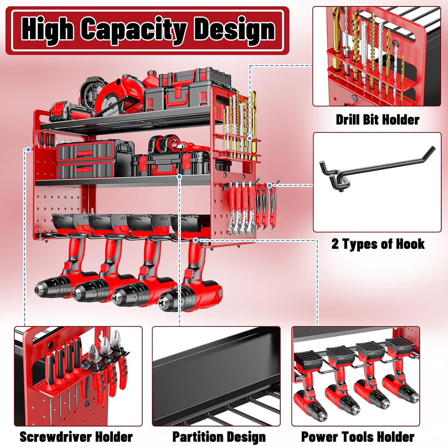 Modular Power Tool Organizer Wall Mount, Garage Drill Storage Shelf with Hooks, Heavy Duty Metal Premium Garage Tool Shelf, Gift for Man Cordless Tool Storage Rack (Red)