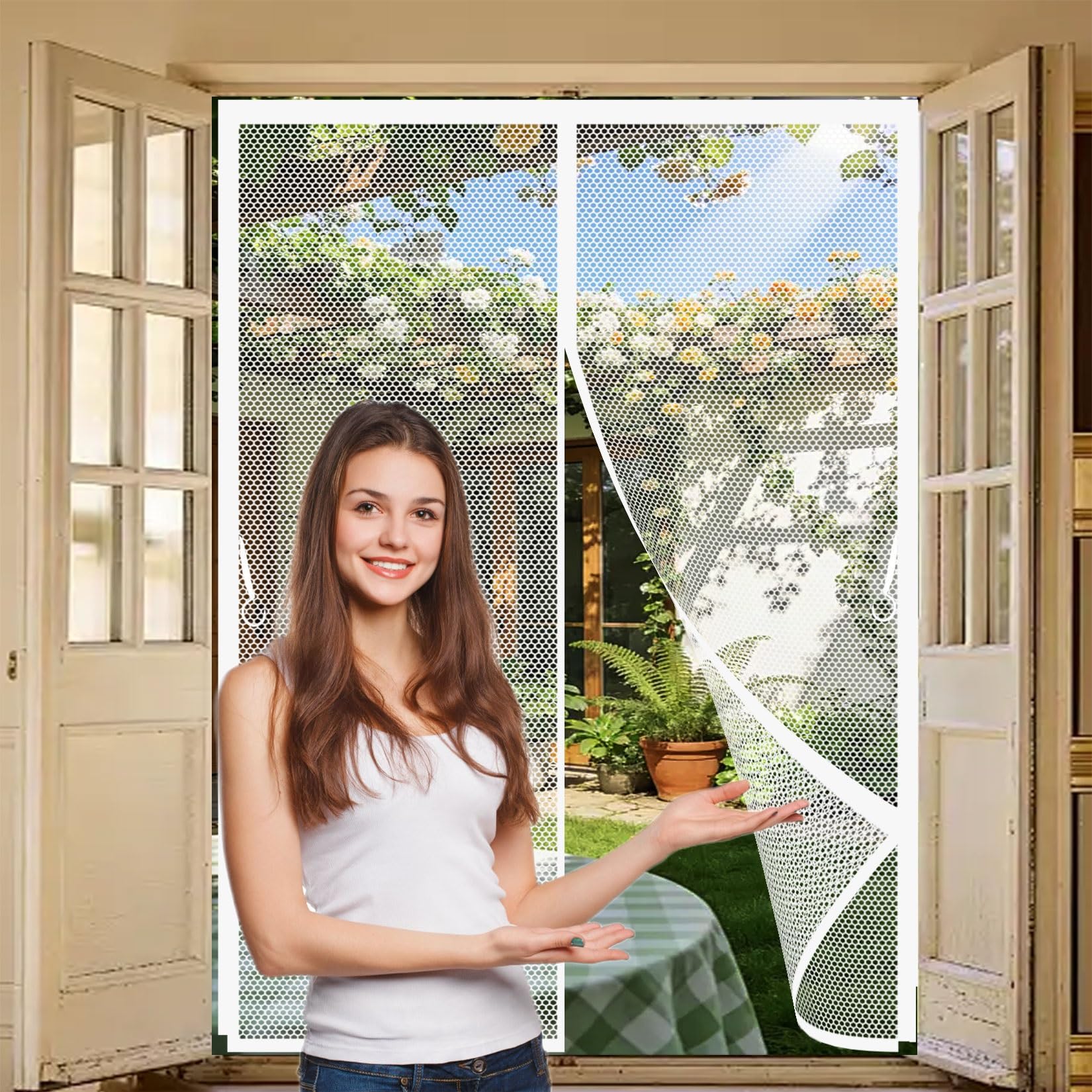 Liujyuan White Magnetic Fly Screen Door 79 X 176 Cm Powerful Magnets, Self-Sealing, Polyester Fly Screens For Doors No Drill Installation, Keep Bugs Out For Keeping Out Flies,