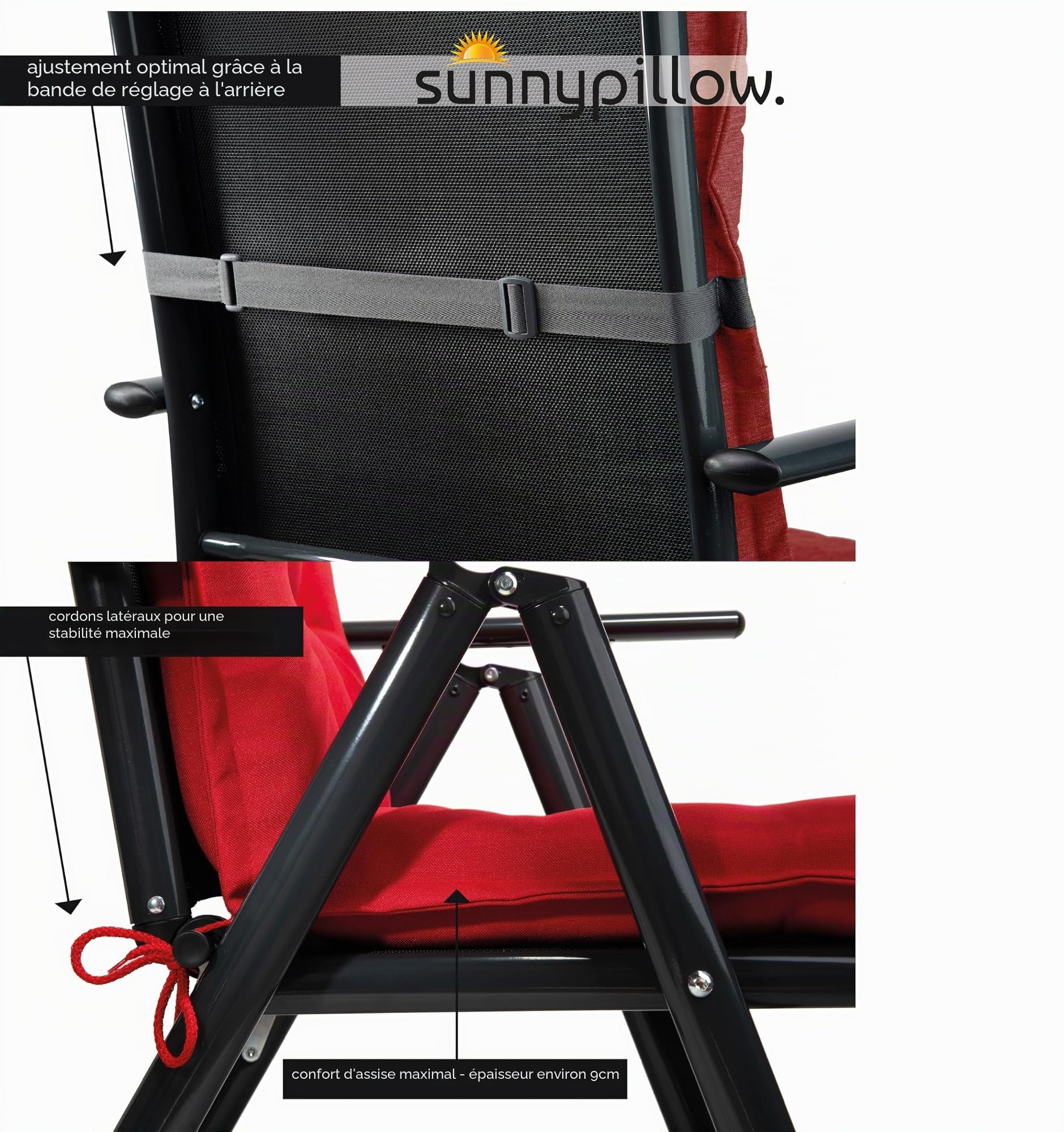 sunnypillow Lot de 2 Coussins de Chaise de Jardin Dossier Haut - 120 x 50 x 9 cm - Résistant UV, Impermeable, Extérieur - Cordons de retenue, Bande de réglage, Repose-tête Amovible - Rouge