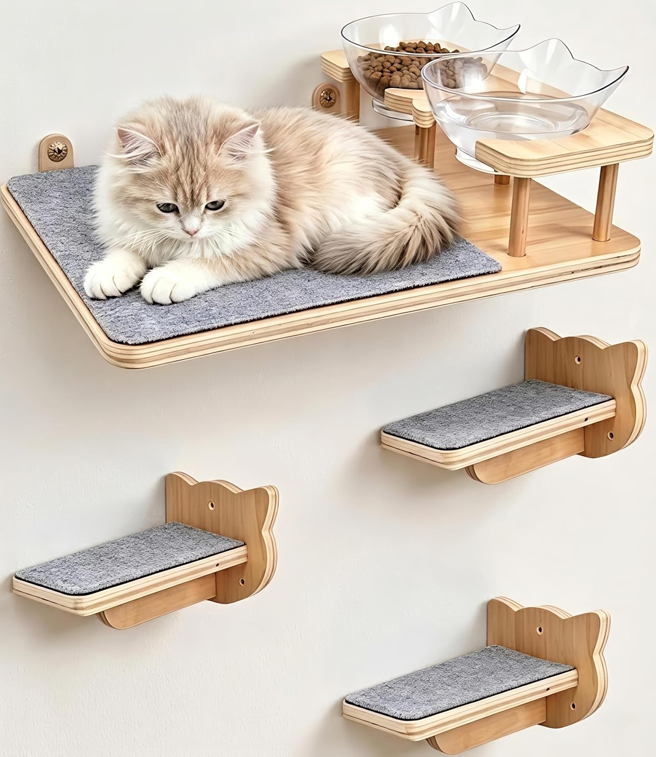 Cat Wall Shelves with Feeding Station, Wood Cat Shelves for Wall Large Cats, Floating Cat Ledge and Cat Wall Steps for Climbing, Dog Proof Cat Feeding Station Set