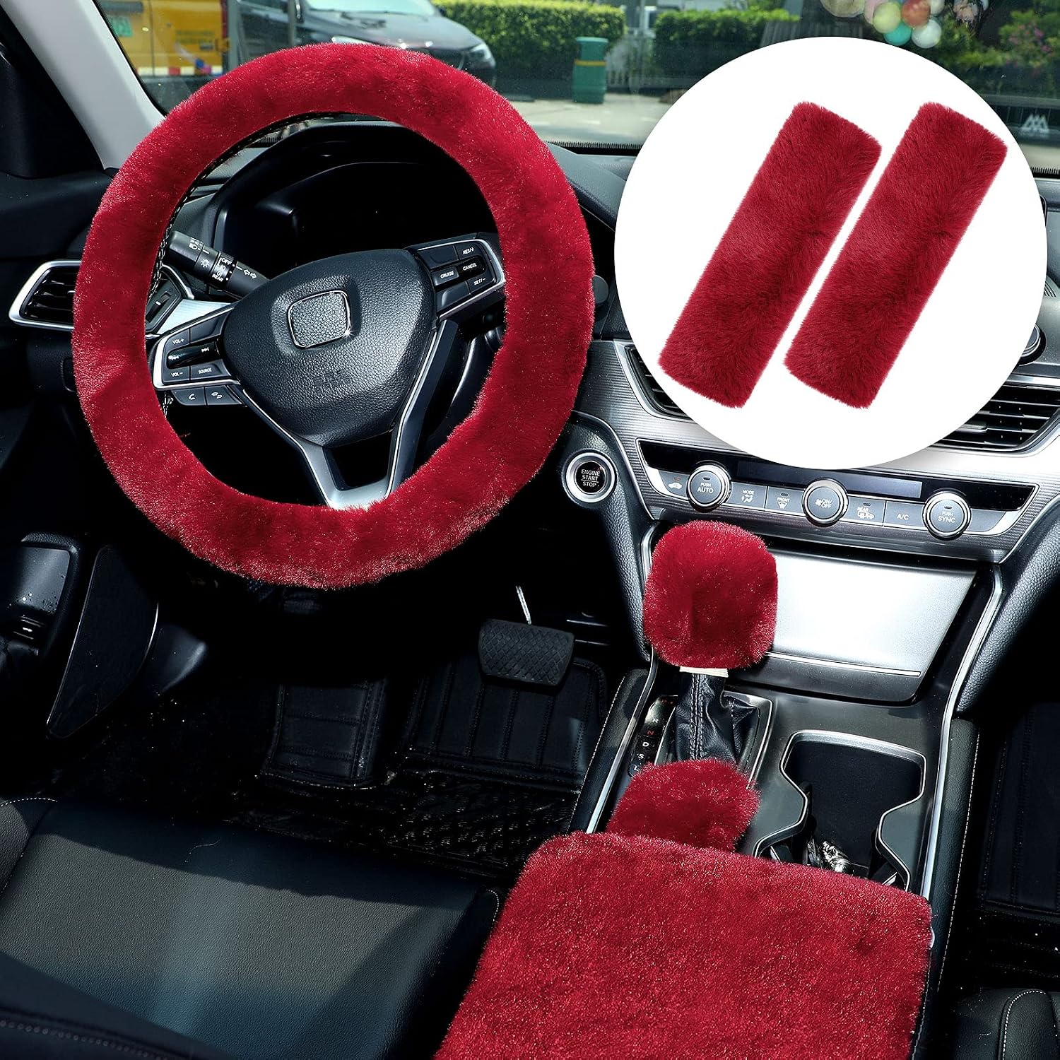 6 Pieces Fluffy Steering Wheel Covers Winter Wool Fur Handbrake Cover Warm Gear Steering Wheel Cover Center Console Seat Belt Shoulder Pads Accessories Furry Non-slip Car Decor (Short Hair, Wine Red)