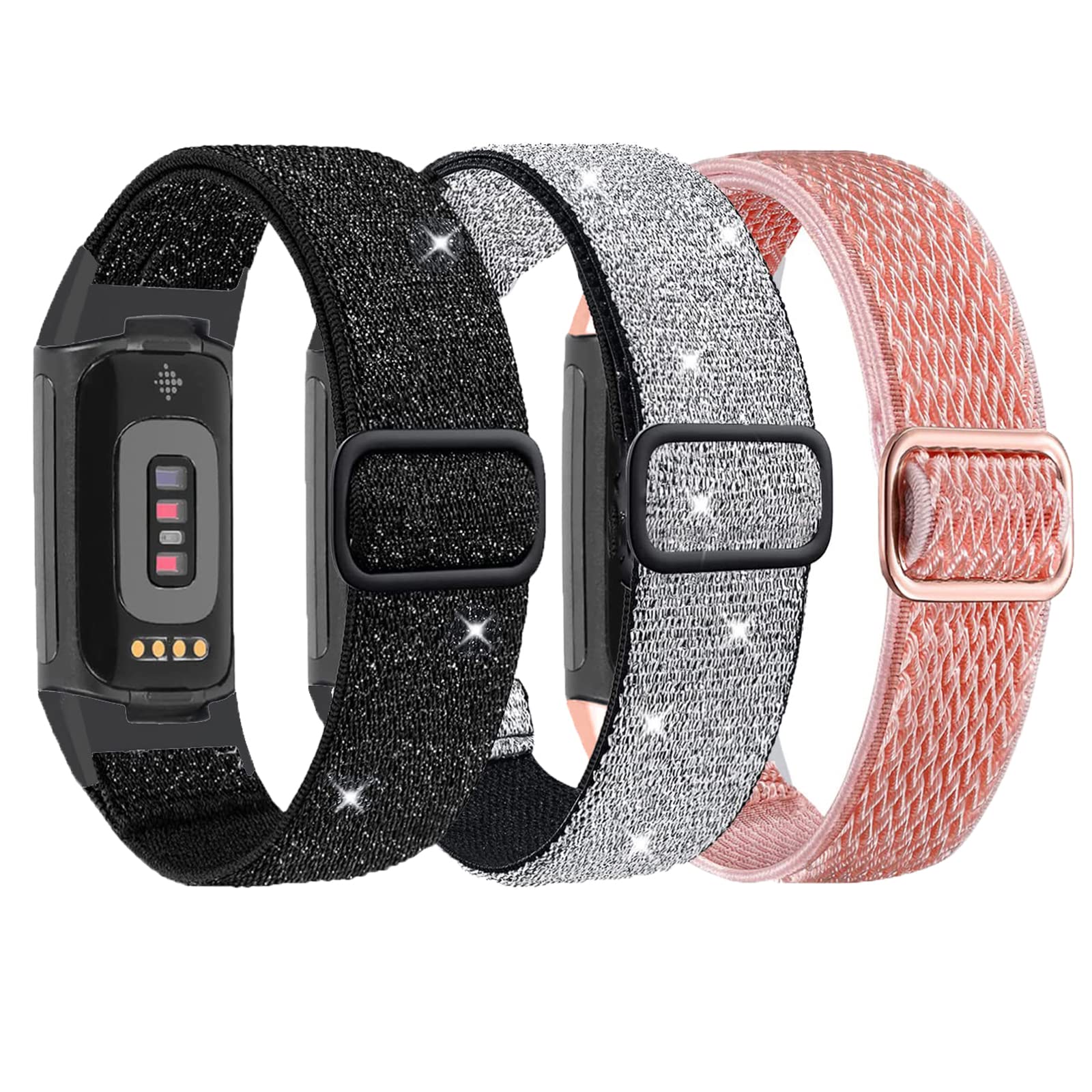 Nigaee 3 Pack Elastic Nylon Bands & Lace Silicone Bands Compatible with Fitbit Charge 5/Charge 6,Adjustable Breathable Replacement Straps Soft Nylon