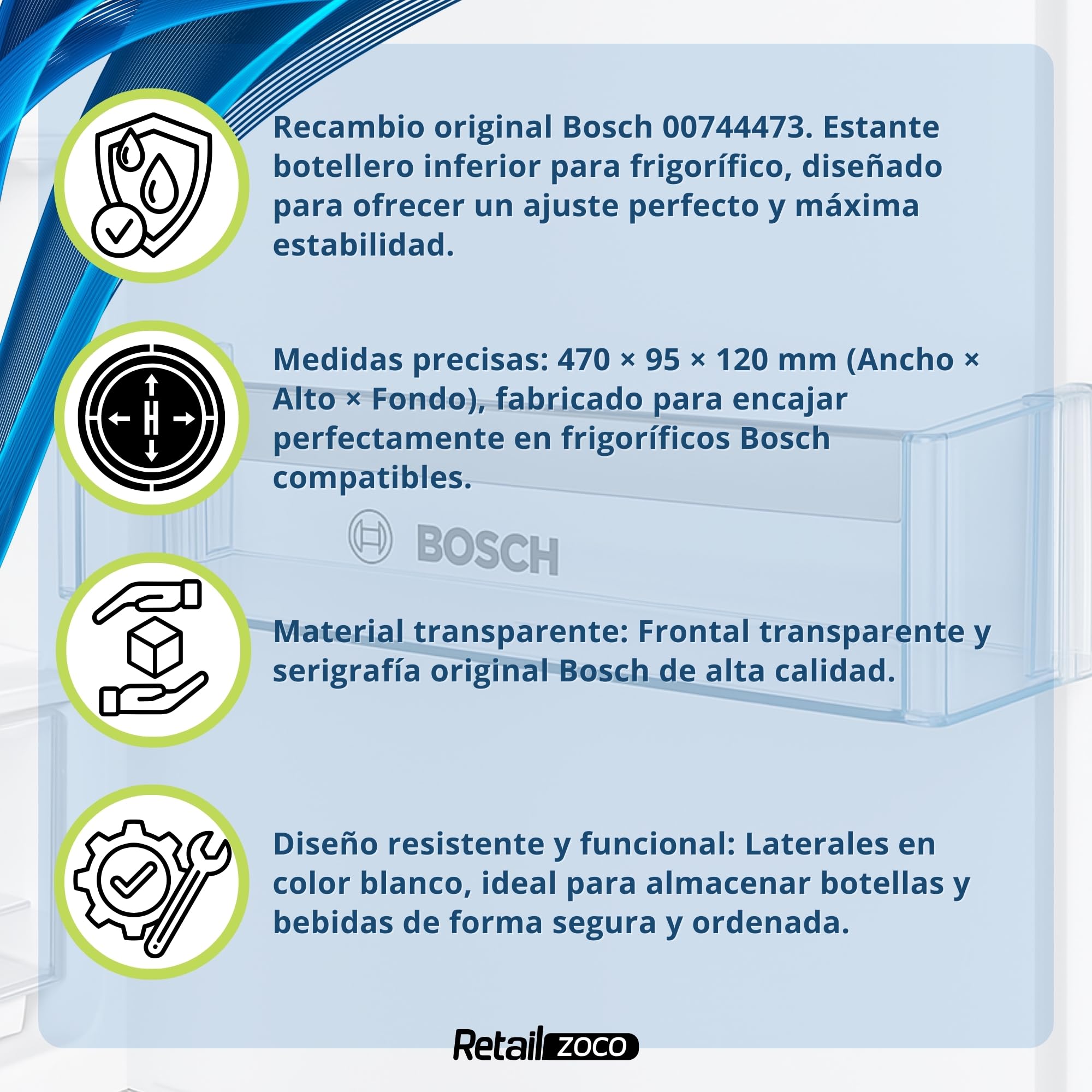 Estante Botellero Frigorífico compatible con Bosch, Botellero inferior para la nevera, código original 00744473, 11023872 compatible con 00705901, Dimensiones 442 mm x 124,9 mm x 100 mm — view 6