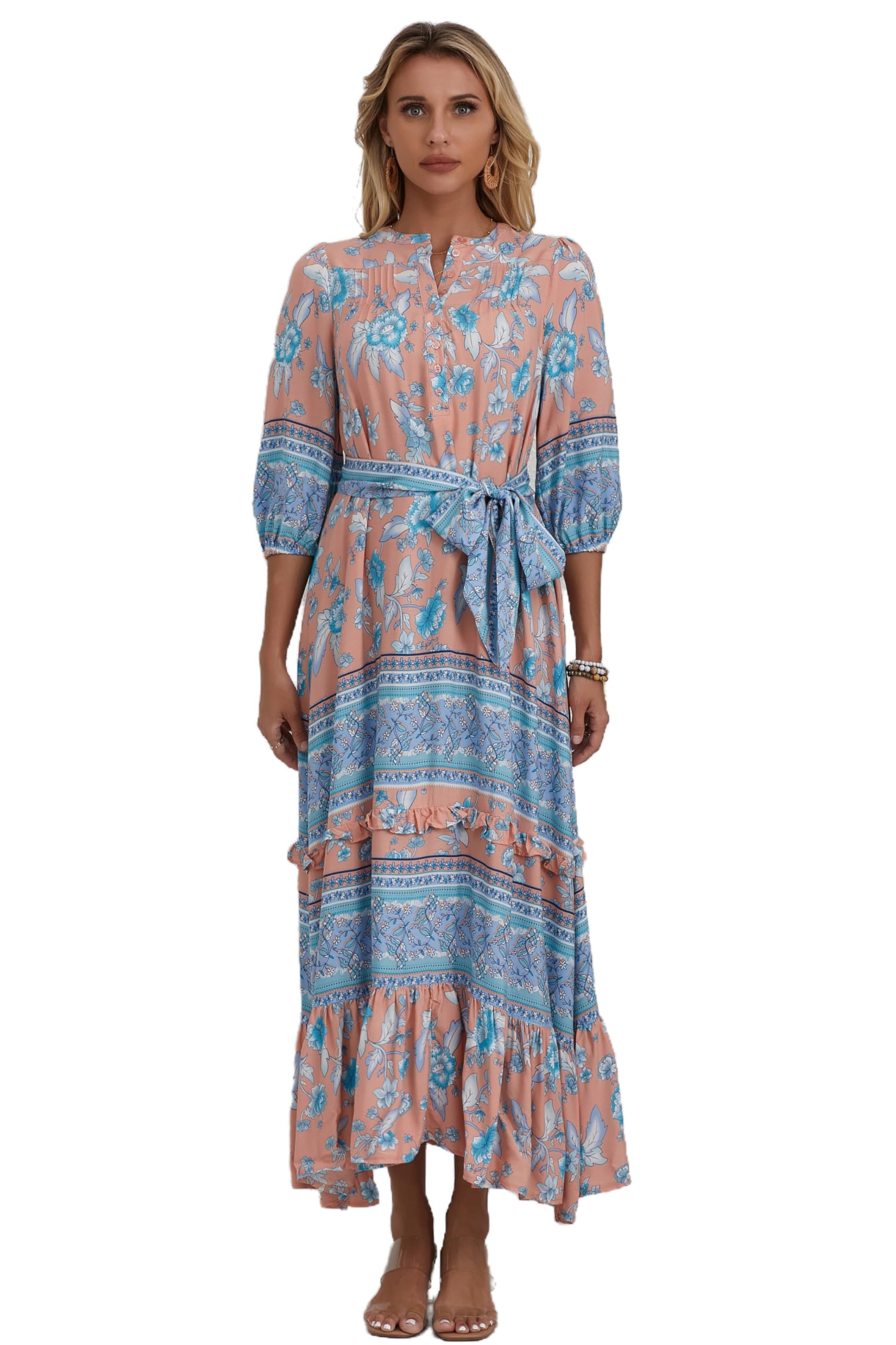 Women Boho High-Waist Floral Print Maxi Dress 3/4 Sleeve Casual | Soft Rayon, Breathable, Quick-Dry. High-Waist with Adjustable Belt, Flattering Hem. Ideal for Beach, Work &amp; Dating.
