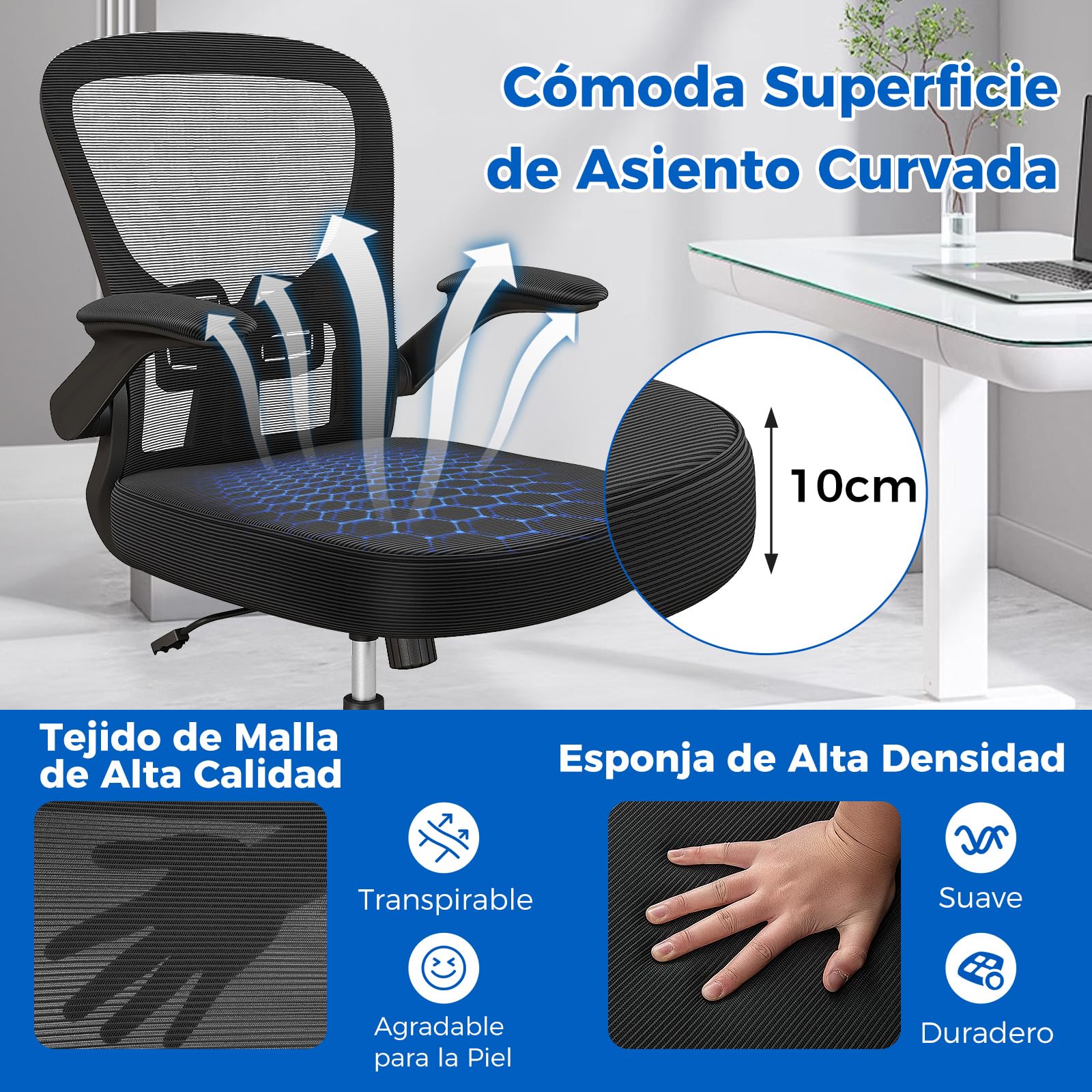 GIANTEX Silla de Oficina de Malla, Silla de Escritorio Ergonómica con Altura Ajustable, Reposabrazos Abatibles, Soporte Lumbar y Cojín de Esponja Suave, con Ruedas, para Dormitorio, Oficina
