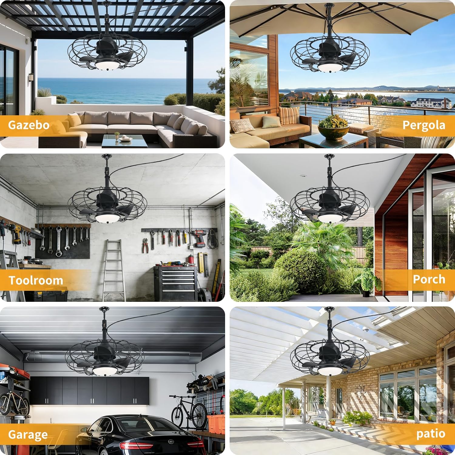 Outdoor Ceiling Fan with Light,20in Gazebo Fan with Remote and APP, 6 Speed,Dimmable 3 Color,Waterproof Cage Fan for Patio,Porch, Pergola,Canopy (dark black)