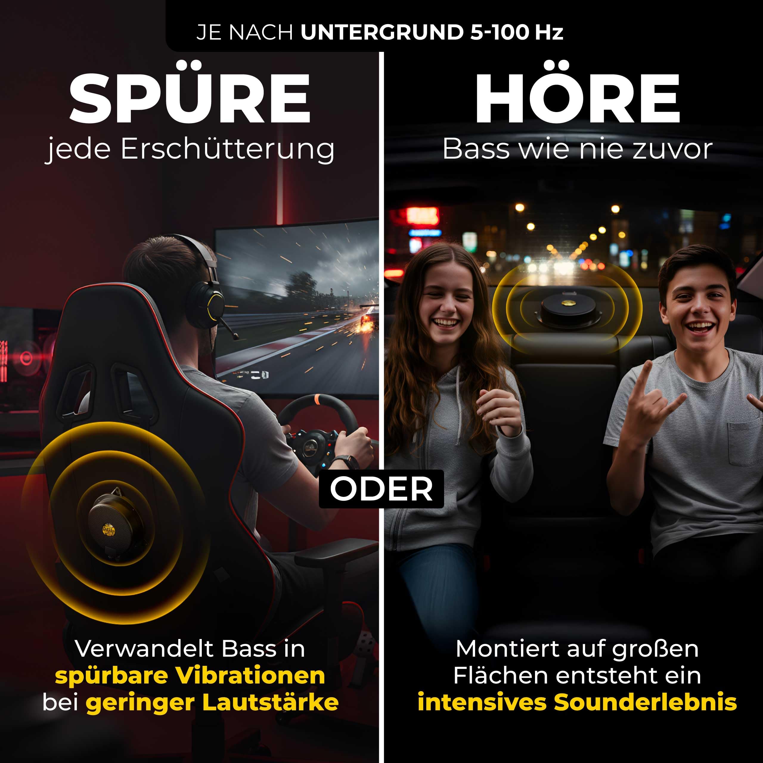 Sinuslive bassPUMP 4 Ohm Körperschallwandler, 50 W RMS Bass-Shaker für spürbaren Bass, Heimkino, Gaming-Stuhl, Sofa, Auto und SIM Racing, Body Shaker - 4 Ohm schwarz
