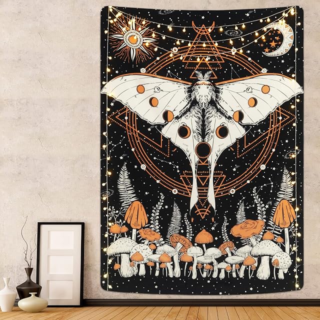 Yrendenge Psychedelic Tapestry Luna Moth Butterfly Tapestry Sun Moon Tapestries Solar Lunar Eclipse Tapestries Natural Mystery Decorative Wall Hanging for Bedroom 83*59 inch (210*150cm)