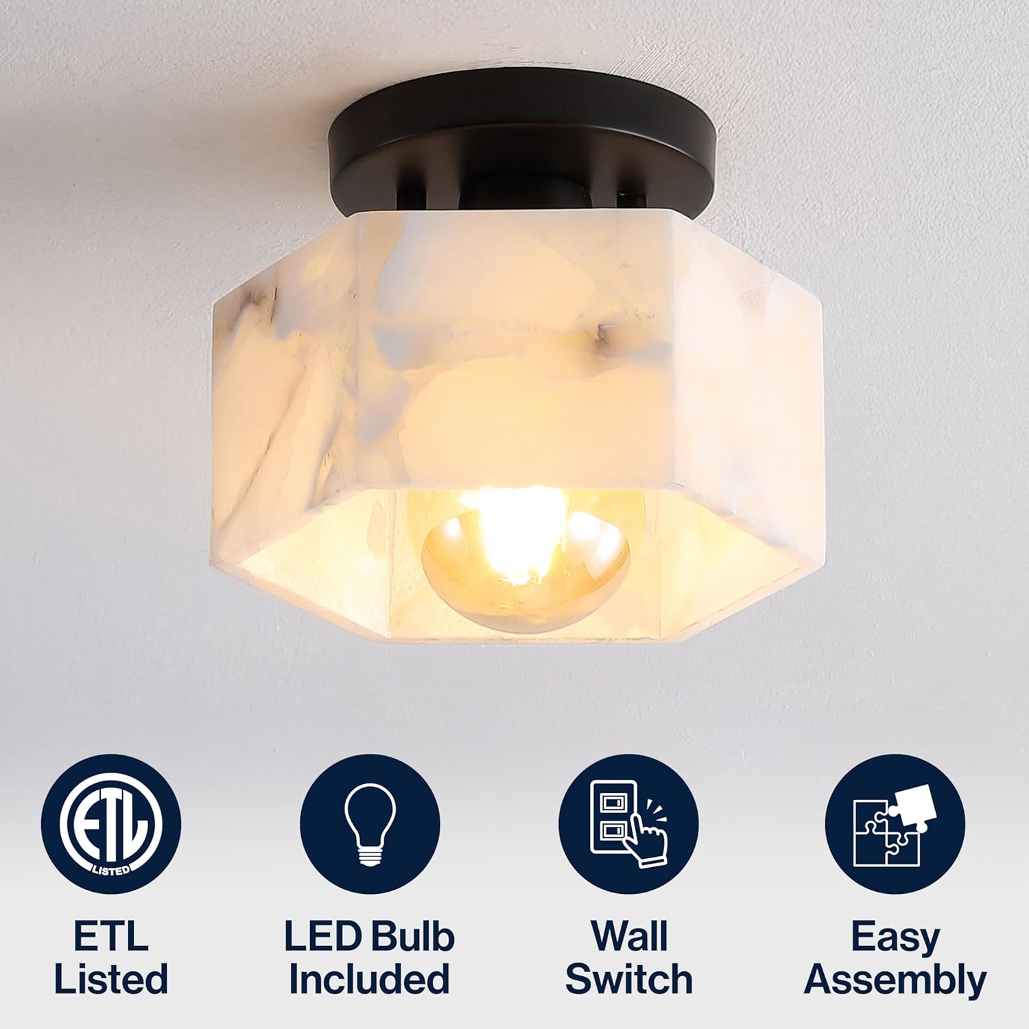 JONATHAN Y 8" White Marbling/Black Modern 1-Light Hexagonal LED Semi Flush Mount Ceiling Light, White Alabaster Marble Shade, Glam Lamp for Hallway, Bedroom, Bathroom, LED Bulb Included (JYL1204B)