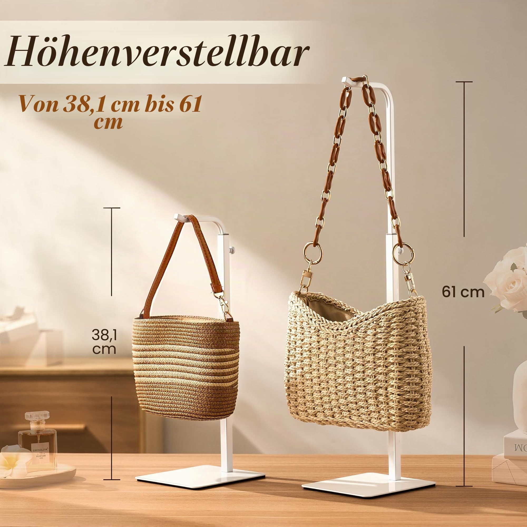 Verstellbarer weißer Hakenständer für Handtaschen und Kränze – Display- und Präsentationsständer für Aufbewahrung & Dekoration für Tisch, Schrank, Einzelhandel und Zuhause, Set mit 2 Stück