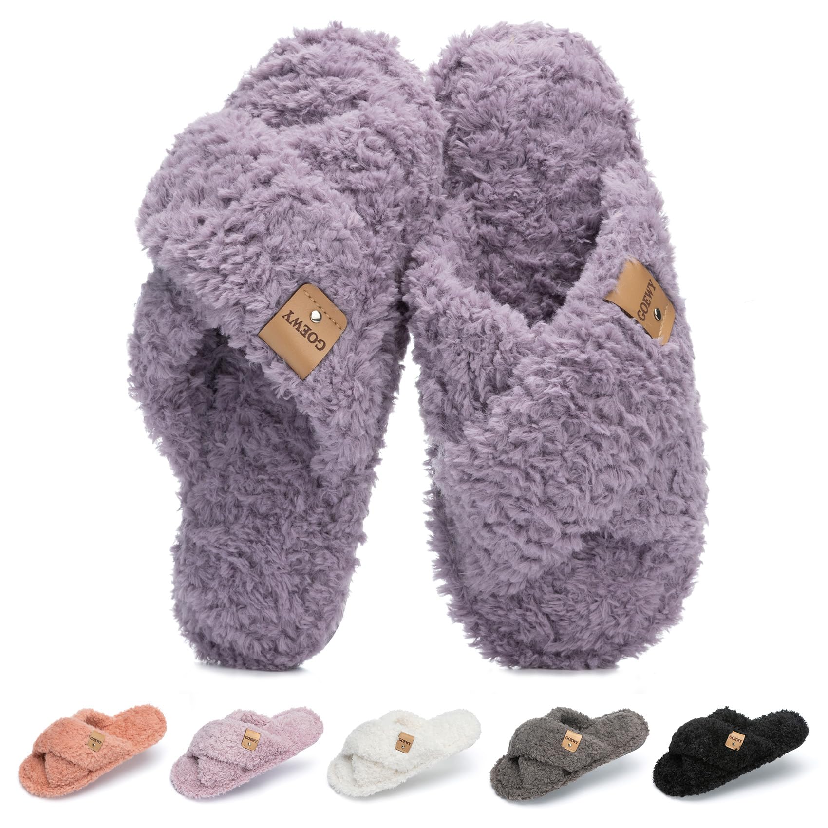 GOEWY Fuzzy Open Toe Slippers for Women Cozy Memory Foam House Shoes Indoor | Cute Cross Band,Soft Faux Fur,Anti-slip Sole Outdoor,Machine-washable,Lightweight,Slip on Gifts for Women,Mom and Bridesma