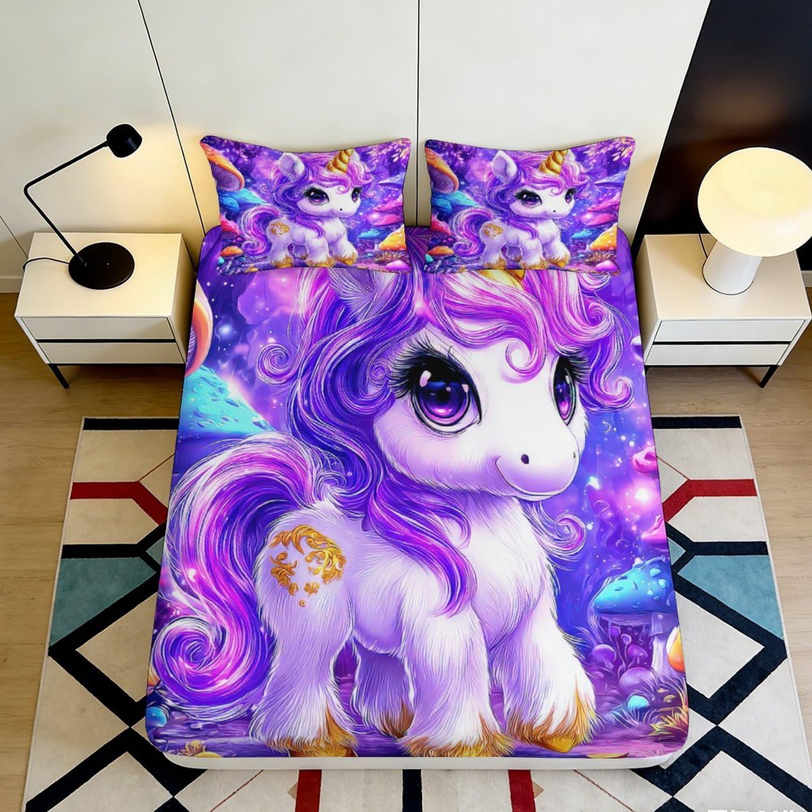 3D Printed Fantasy Unicorn Fitted Sheet Microfiber Soft Purple Dreamland Bed Cover for Bedroom Dorm Rental Decor 90x200x25cm