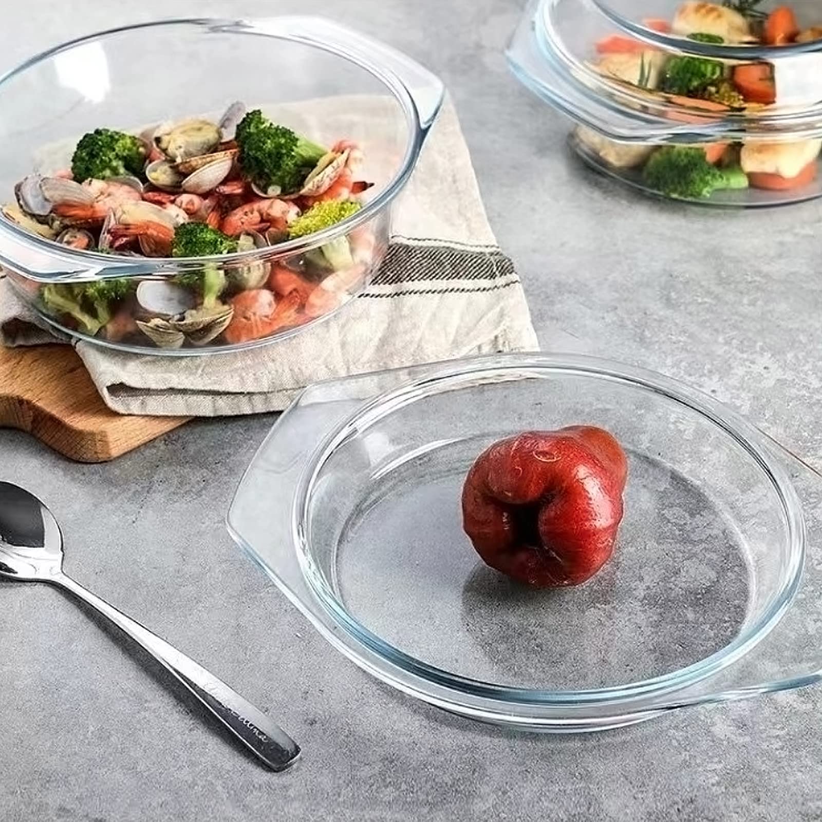 Set di 6 Pezzi Casseruola Tonda in Vetro Con Coperchio, 1L+1.5L+1.8L Temperato Teglia da Forno per Forno, Congelatore e Lavabile in Lavastoviglie
