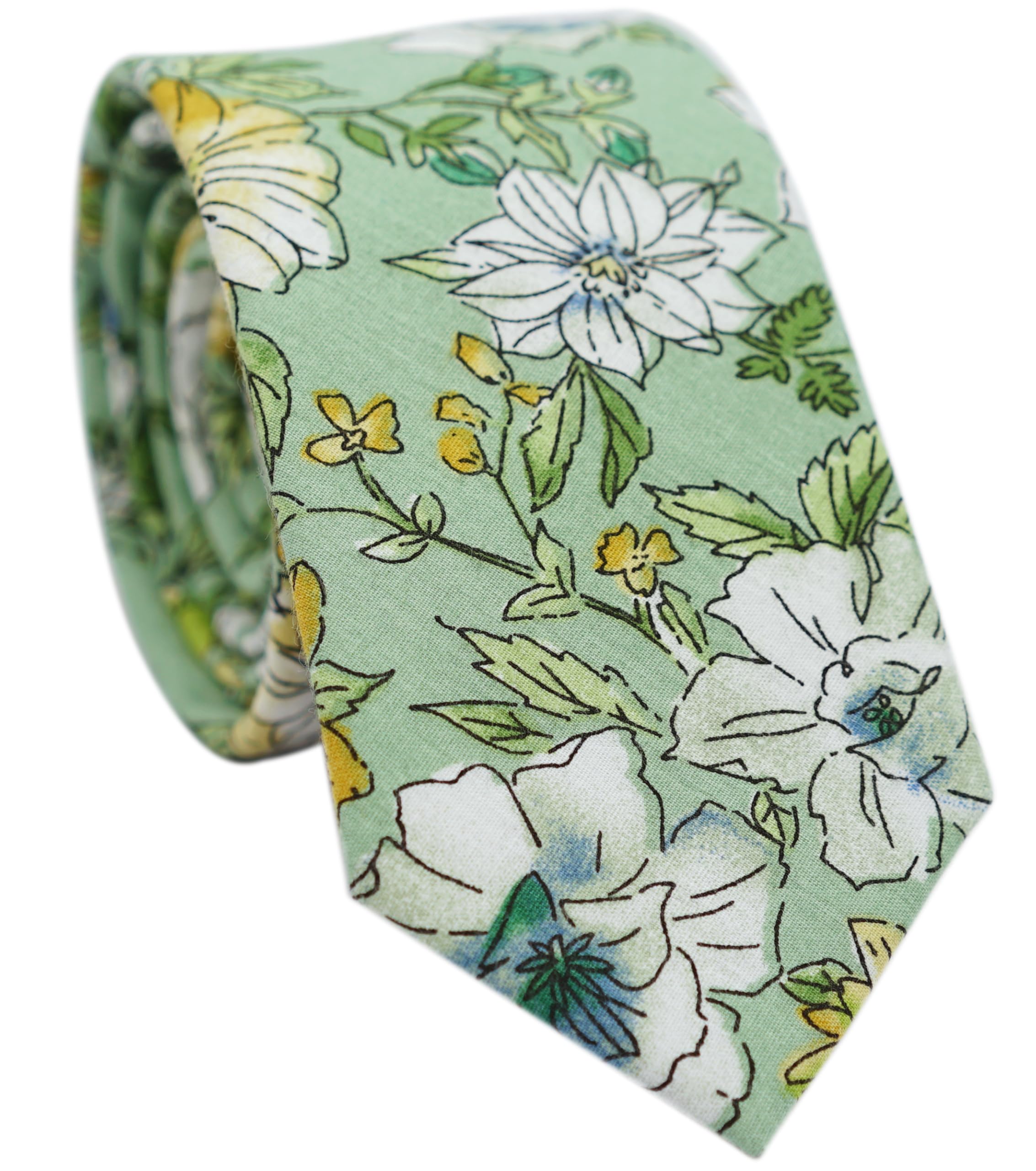 BELLUNO Floral Skinny Tie for Men, Slim Flower Ties for Wedding, Church, Party, Gift Box, Green
