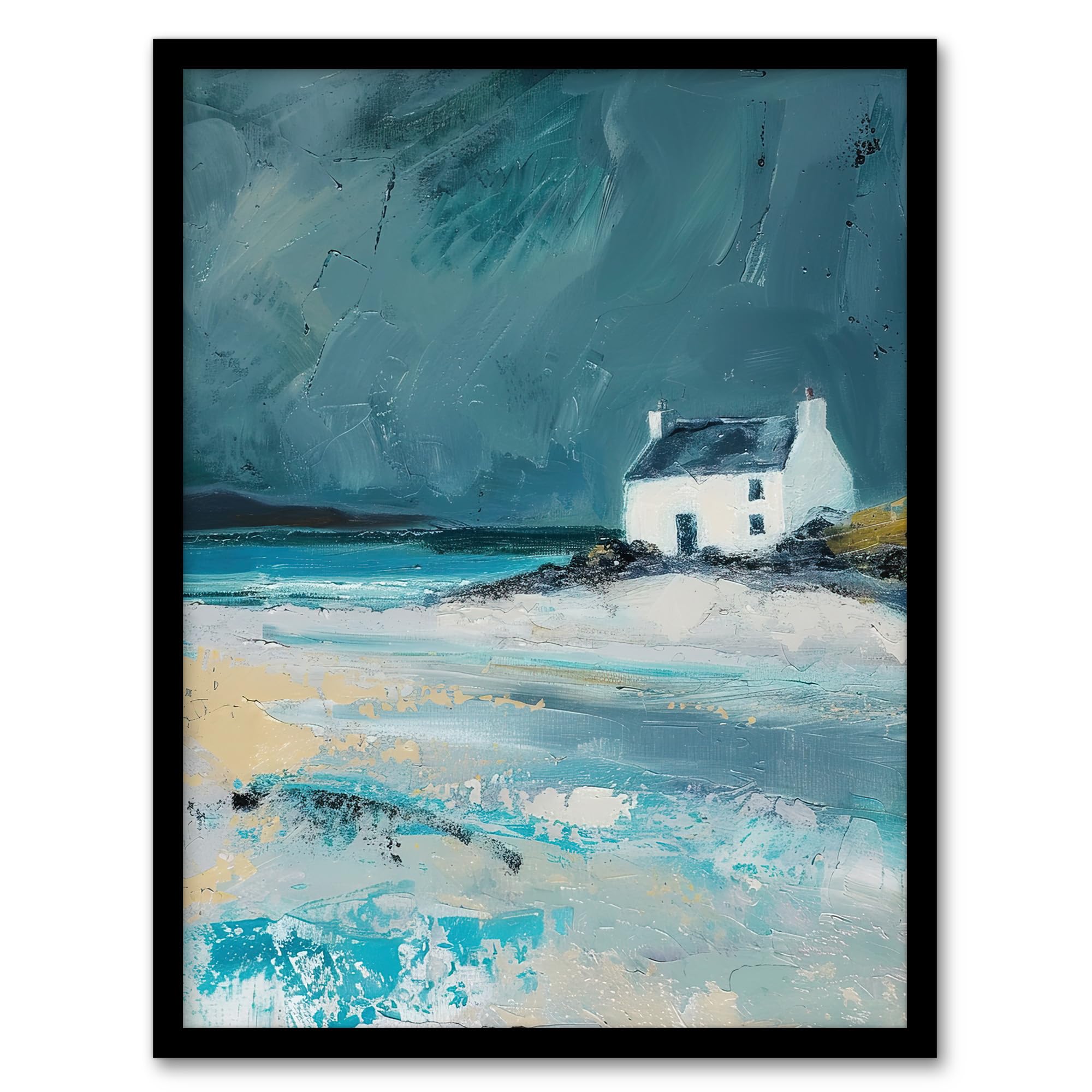 Artery8 White Scottish Cottage Coastal Hills Oil Painting Living Room Artwork Framed Wall Art Print A4
