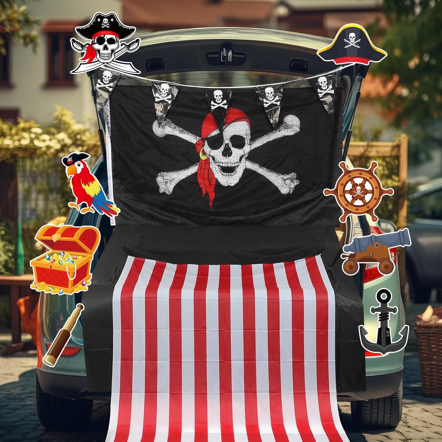 Halloween Trunk Or Treat Car Decorations Kit Halloween Decorations Outdoor Indoor Pirate Flag Spider Web Car Stickers, Haunted House Suv Trunk Car Garage Lawn Outside Archway Door Patio Supplies