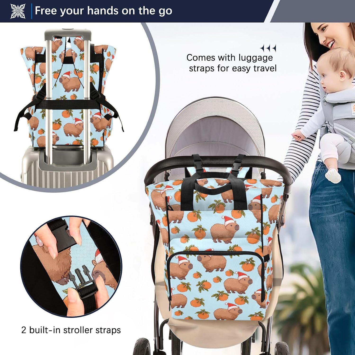 SUABO Capibala Orange Pattern Baby Diaper Bag Backpack Large Bag Waterproof Travel Diaper Bags for Moms and Dads
