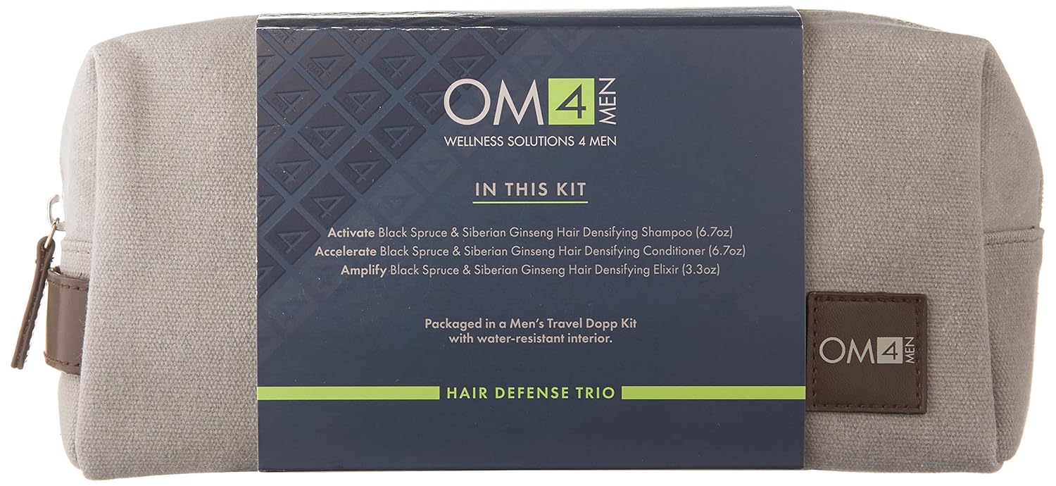 Organic Male OM4 Hair Care Trio & Travel Bag - Mens Invigorating Shampoo, Conditioner, Hair Elixir Kit to improve hair and scalp conditioning