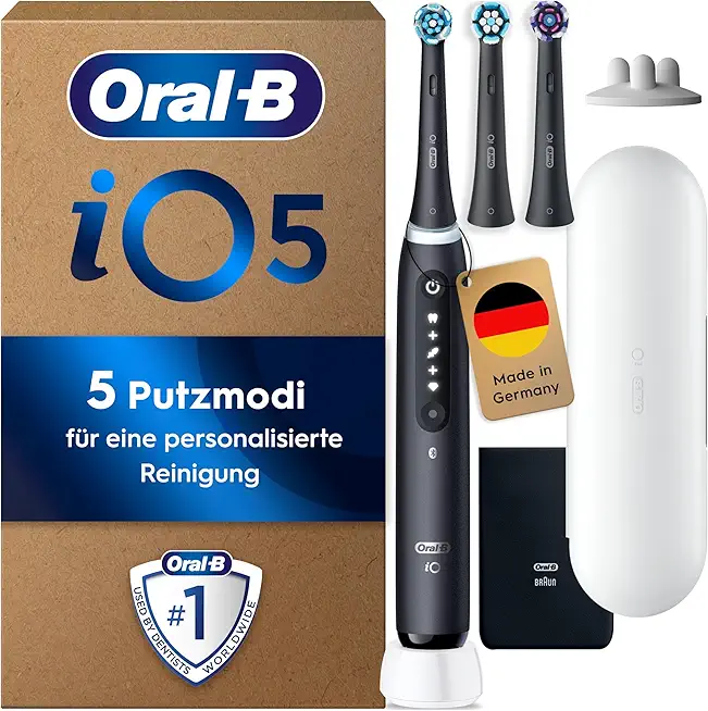 Oral-B iO Series 5 Plus Edition Elektrische Zahnbürste/Electric Toothbrush, Inkl. 3 Aufsteckbürsten, 5 Putzmodi für Zahnpflege, Reise-Etui, Designed by Braun, Schwarz