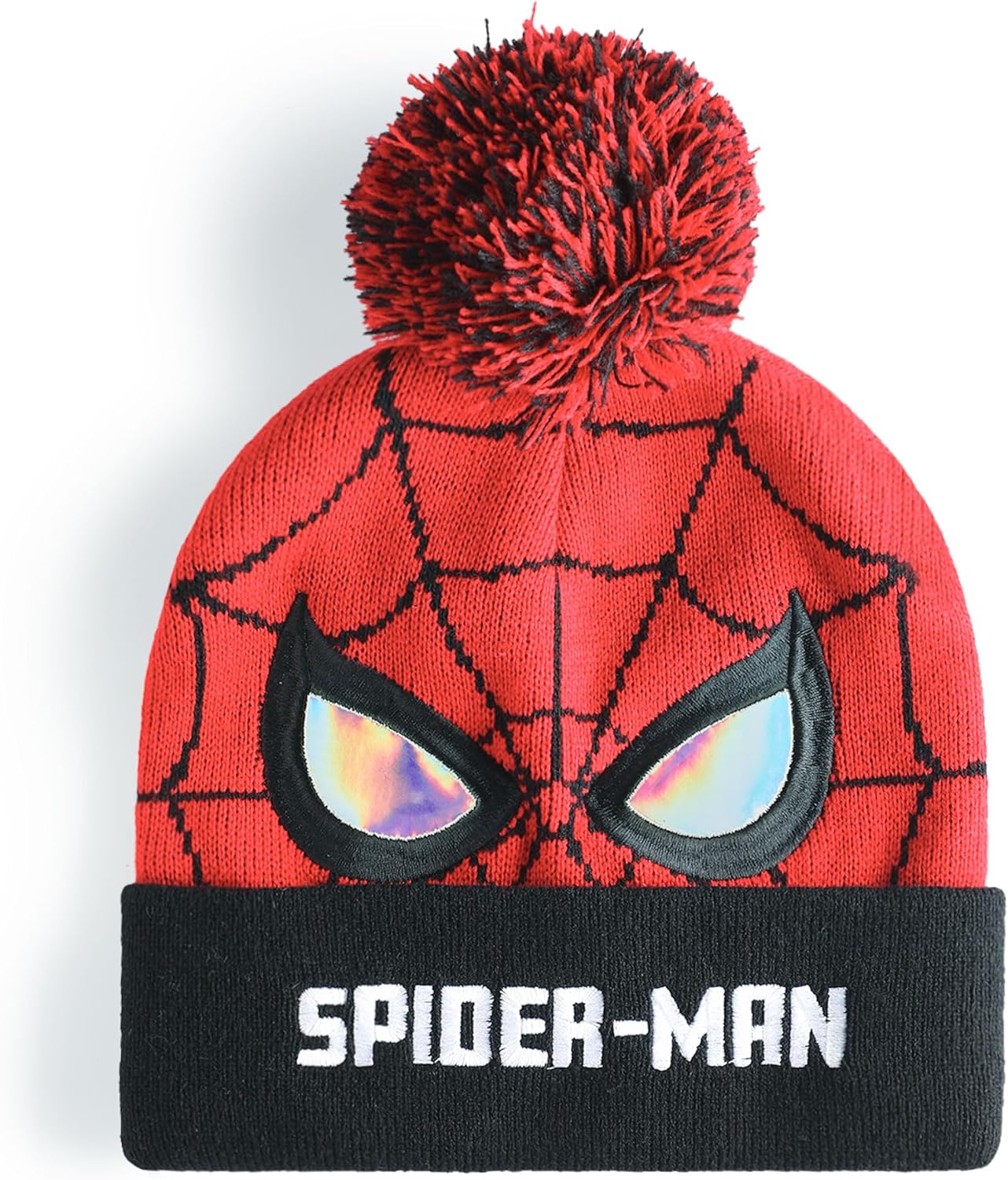 Marvel Spiderman Boys Beanie Hat & Gloves Set | Red & Black Knitted Winter Hat with Spiderman Eyes & Web | Kids One Size Pom Pom Hat with Heat Transfer Print Gloves | Superhero Movie Merchandise Gift