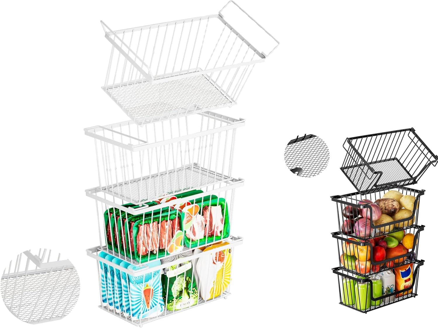 Freezer Organizer Bins ，Upgraded Bottom Leak-Proof net and 4PCS-U-Shaped Stackable Wire Baskets, Suitable for Storage Shelves, Garage Shelving, Kitchen Storage
