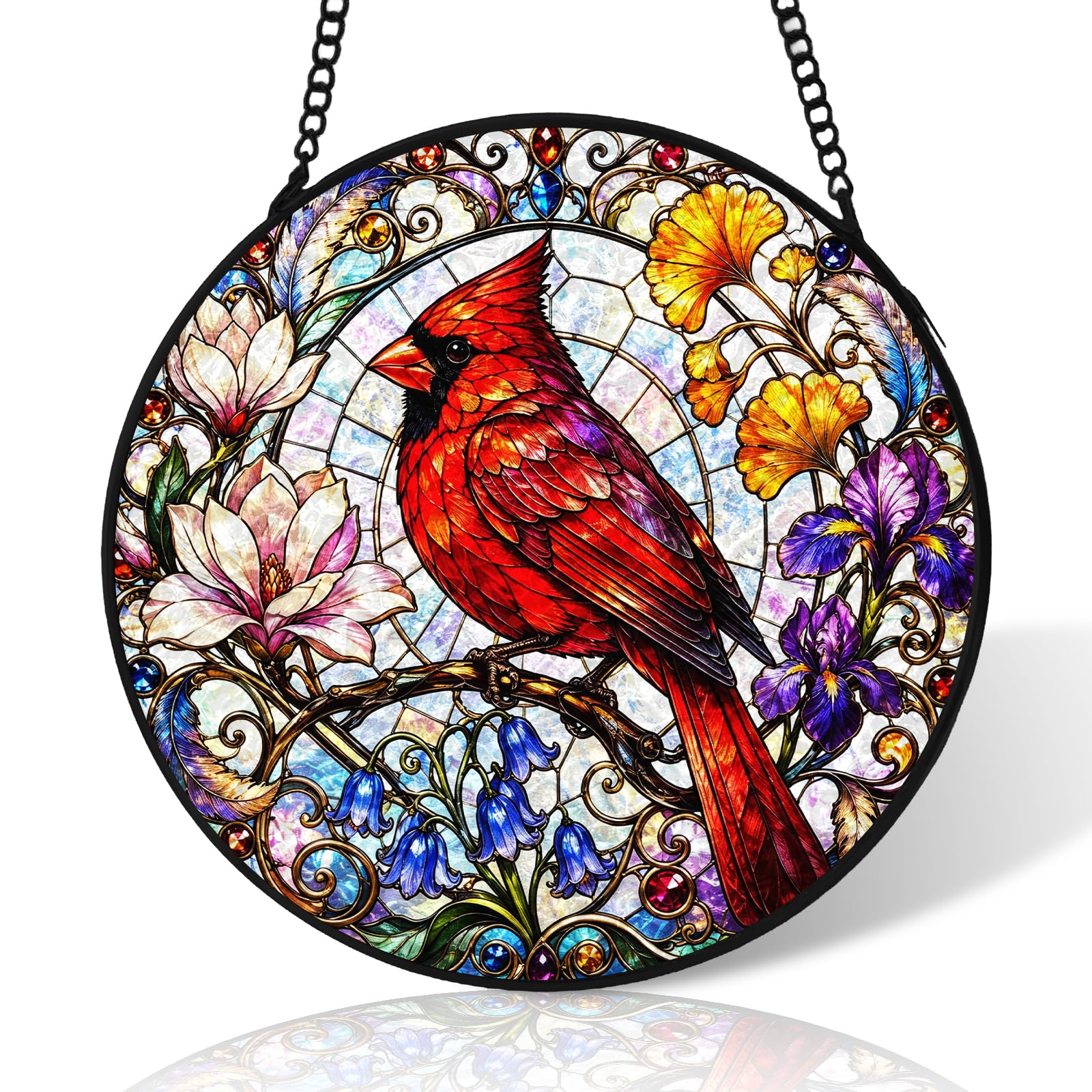Cardinal Stained Glass Suncatcher Windows Hanging,25cm Stained Glass Garden Ornament Home Decor,Suncatchers for Windows Hanging,Birthday Gifts for Mom,Lovers,Family(Black)