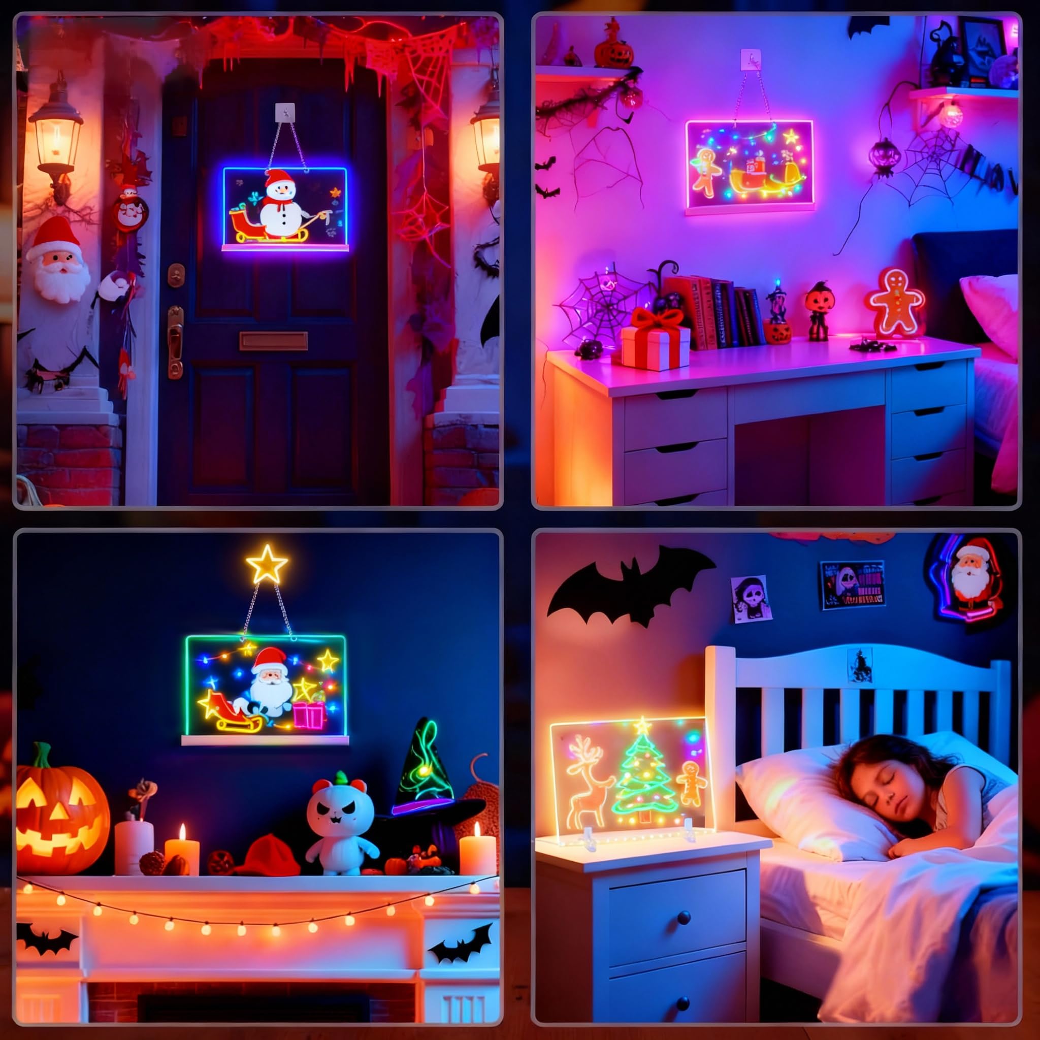 Tablero de notas LED con colores, tablero acrílico de borrado en seco incluye adaptador, cadena colgante, tablero de dibujo LED para niños con soporte, 7 marcadores, botella de spray 6