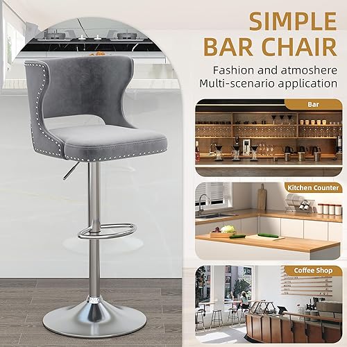 Miniatura 8 de Westice Juego de 2 taburetes de bar, taburetes de bar giratorios de terciopelo ajustables con respaldo hueco, ribete de remache y base cromada