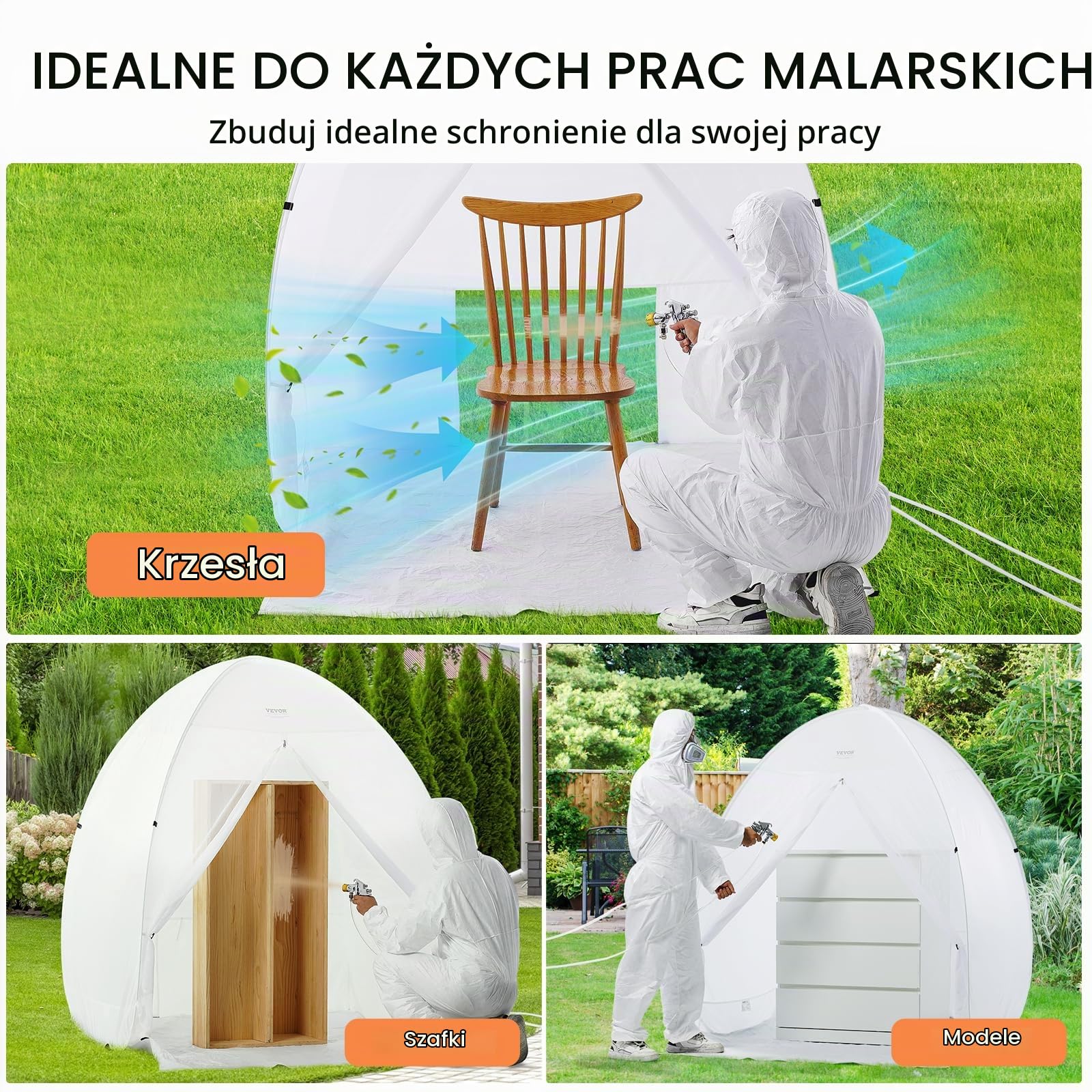 VEVOR Przenośny namiot z farbą w sprayu, kabina malarska DIY, namiot ochronny z wbudowanym dnem, okienkiem wylotowym i torbą do przechowywania, składana kabina lakiernicza do mebli, 1524 x 1524 x 1778