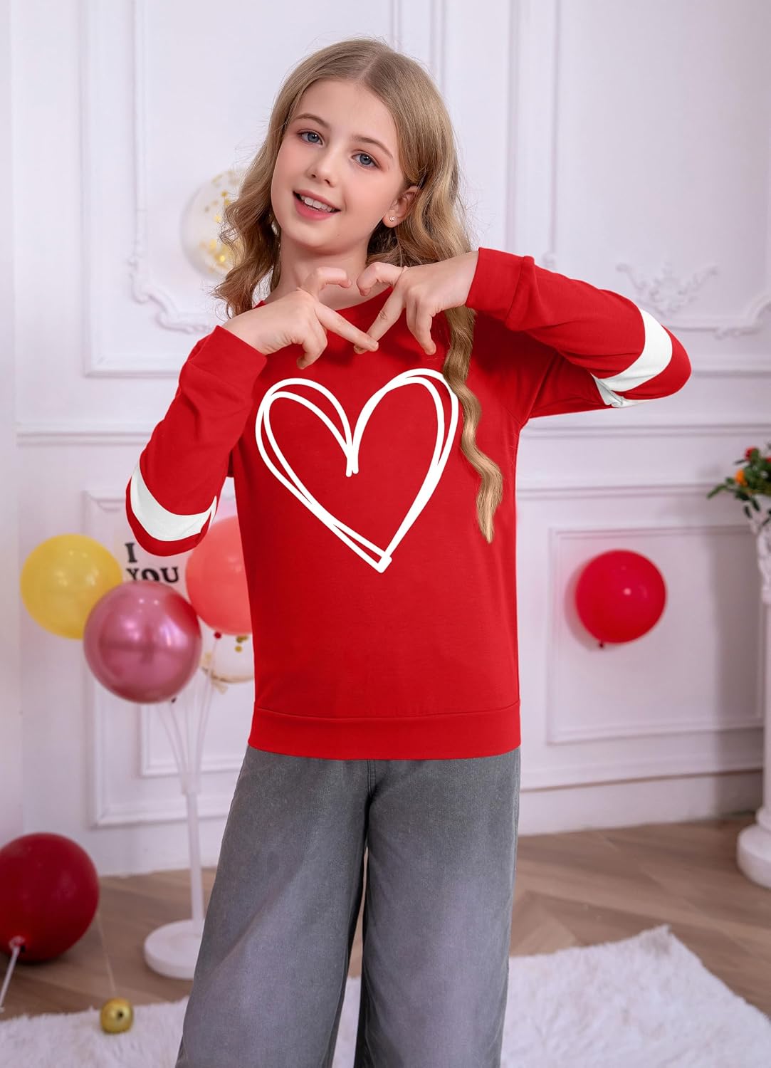 Ithalt Kids Valentine Shirt Girls Valentines Shirts Cute Heart Graphic Long Sleeve Tee Tops 4-14y