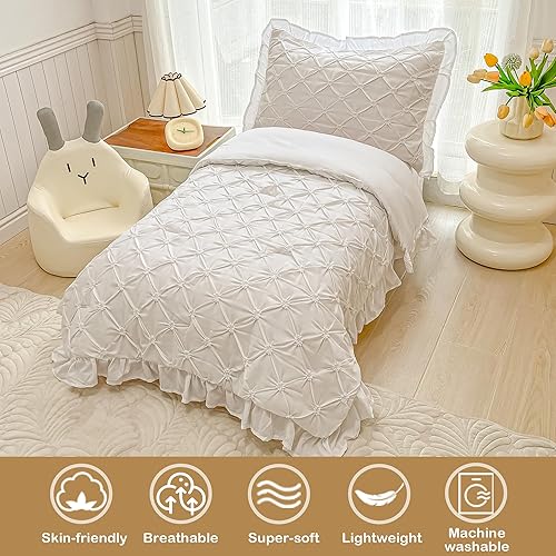 Miniatura 9 de VIVILINEN Juego de ropa de cama para niñas pequeñas de 4 piezas con pliegues de color blanco fruncido floral 3D con diseño de pintuck para bebés y