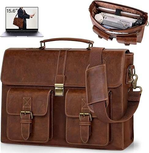 RAINSMORE Bolsa de mensajero para hombre de 15.6 pulgadas de cuero vintage para laptop, impermeable, bolsa de cuero para laptop, bolsa de hombro