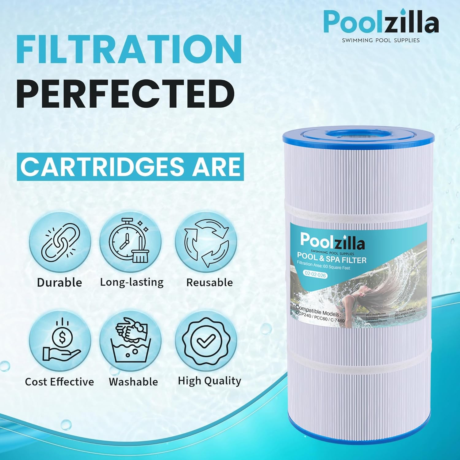 Poolzilla 4-Pack Replacement for Pool Filter PLFPCC60, Pleatco PCC60, Pentair CCP240, R173572, 178569, Unicel C-7469, Filbur FC-1975, Pure N Clean PC-1975, PC-6460 - (L x OD: 14 1/8” x 7”)