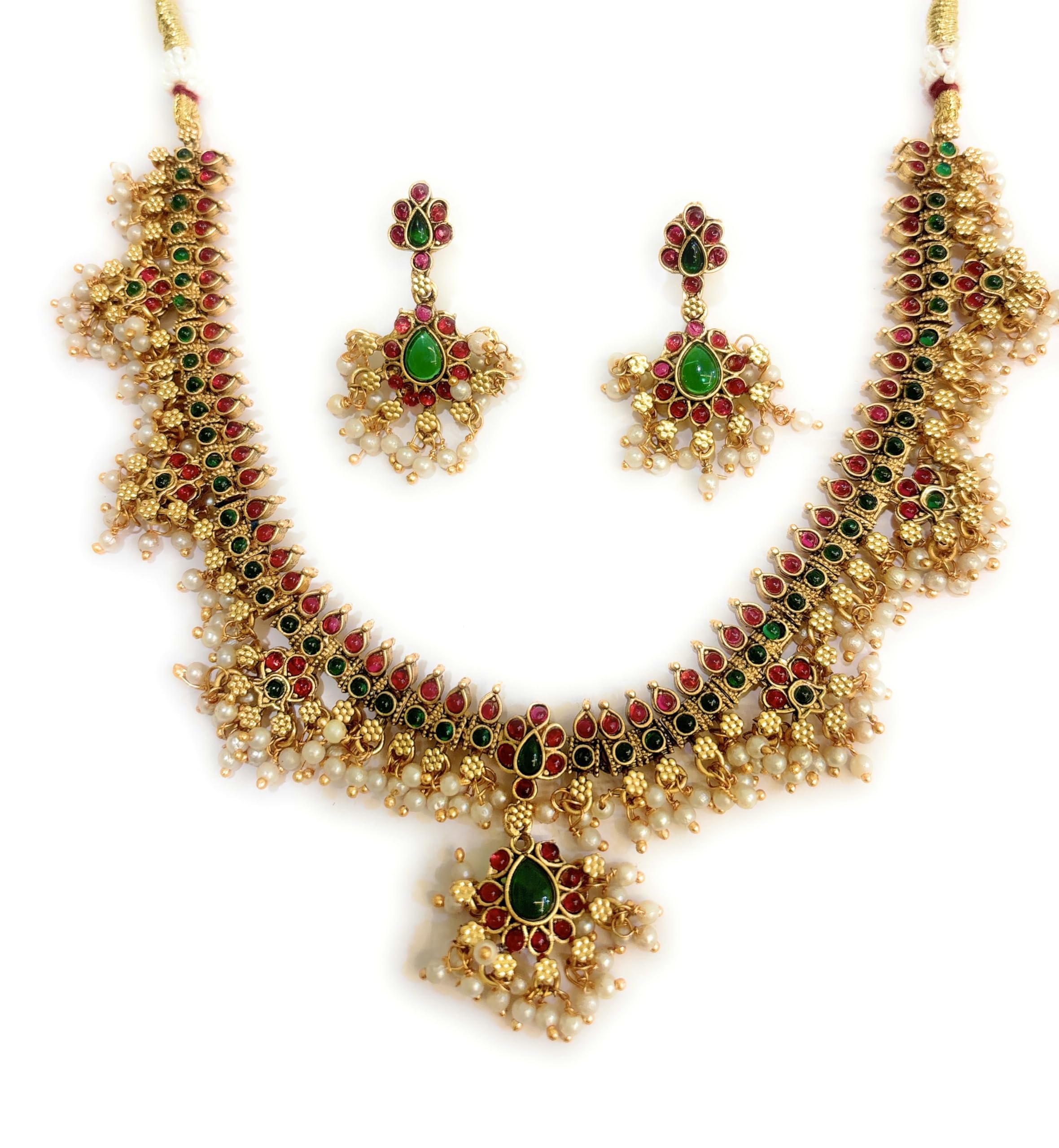 Adyashree EmporiumPearl Maharaani Haar Gold Plated Latest Fashion Necklace Set Maharani Haar with Red, Green colour beads and Earrings. Latest Necklace set Jewellery Set for Women