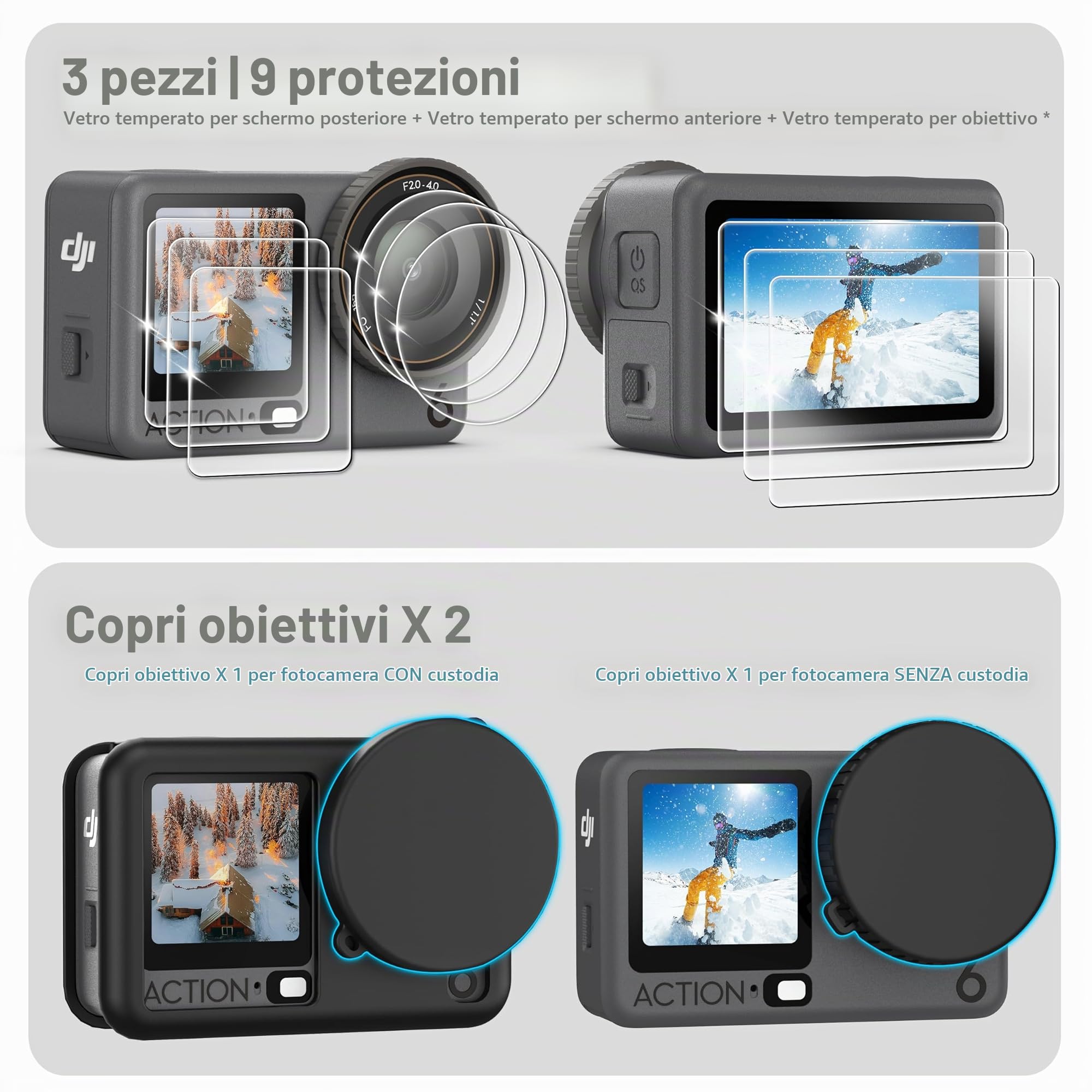 FiTSTILL Custodia in gomma siliconica+3 pellicole protettive in vetro temperato compatibili per DJI Osmo Action 6, custodia in gomma, copriobiettivi, pellicole protettive per schermo e cordino, per