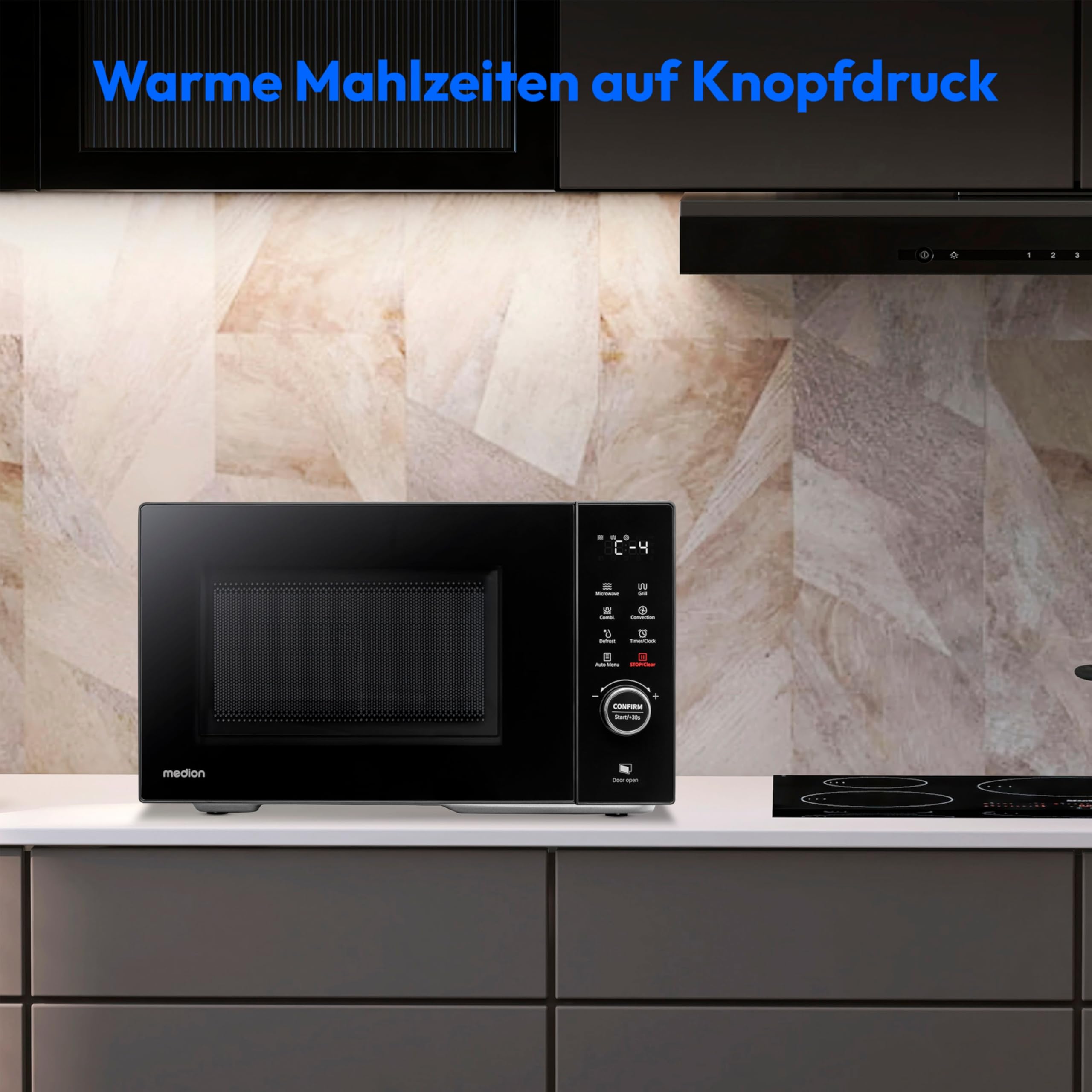 MEDION Mikrowelle mit Grill und Heißluft (23 Liter, 900 Watt, 1000 Watt Grill, 1680 Watt Heißluftfunktion, 11 Automatik-Programme, 5 Leistungsstufen, Auftaufunktion, Edelstahl, MD12031) [MODELL 2025]