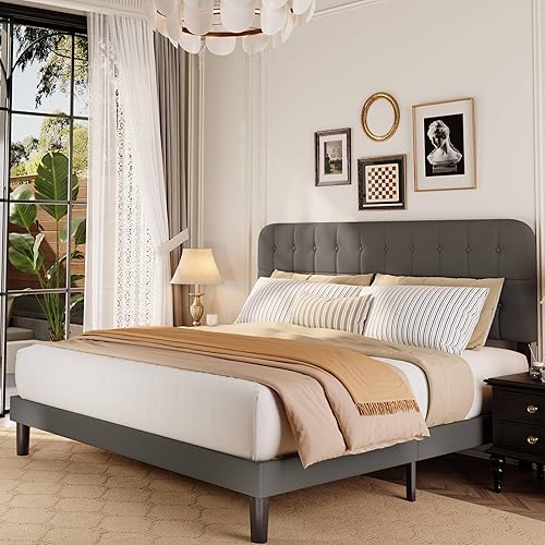 Miniatura 10 de Gizoon Base de cama Queen con cabecero, cama de plataforma tapizada con listones de madera resistentes, sin ruido, no necesita somier, fácil