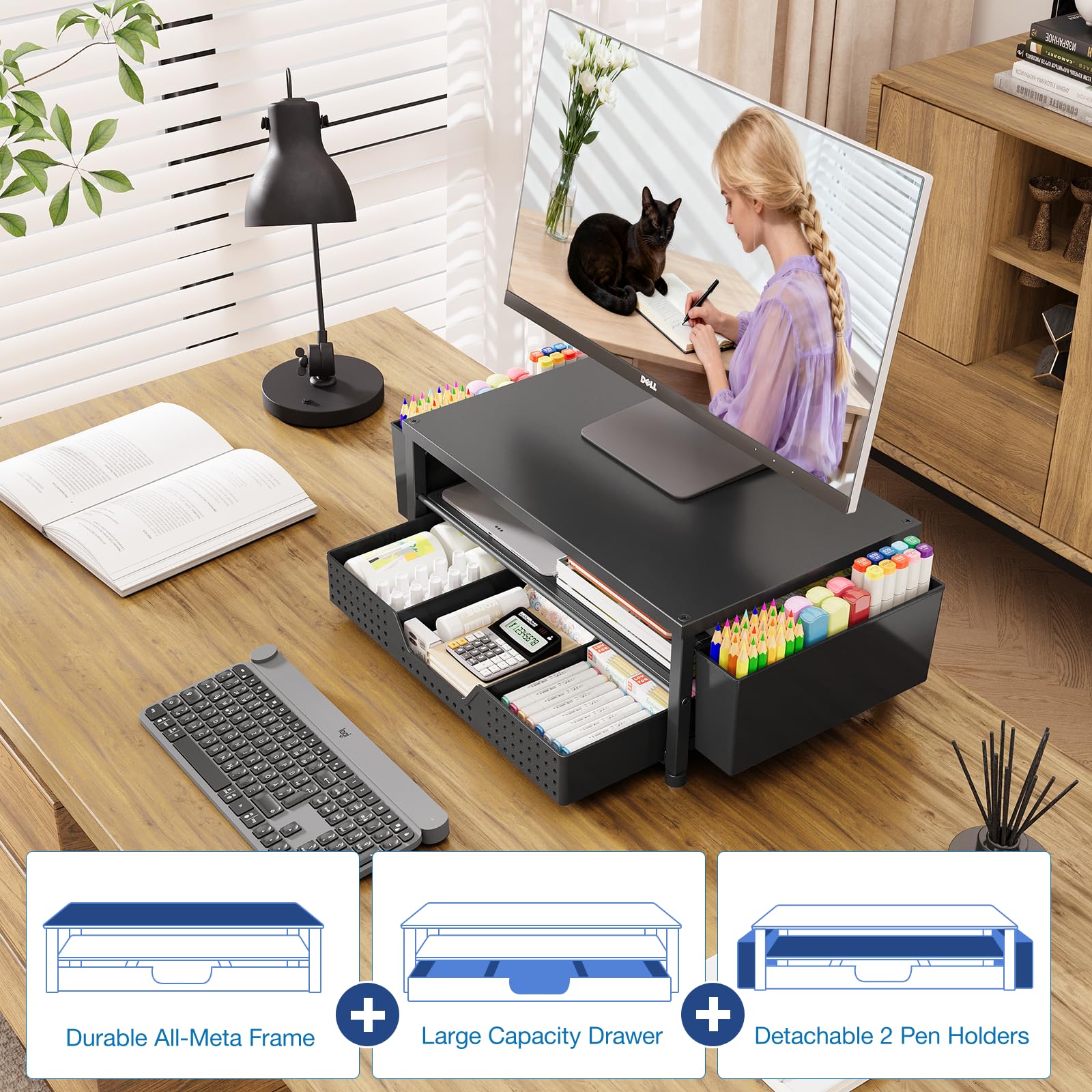 OPNICE OPNICE Desk Organizers and Accessories, Computer Monitor Stand Riser with Drawer and 2 Pen Holders, Laptop Stand, Office Desk Accessories & Workspace Organizers for Home Office Supplies, Black in use