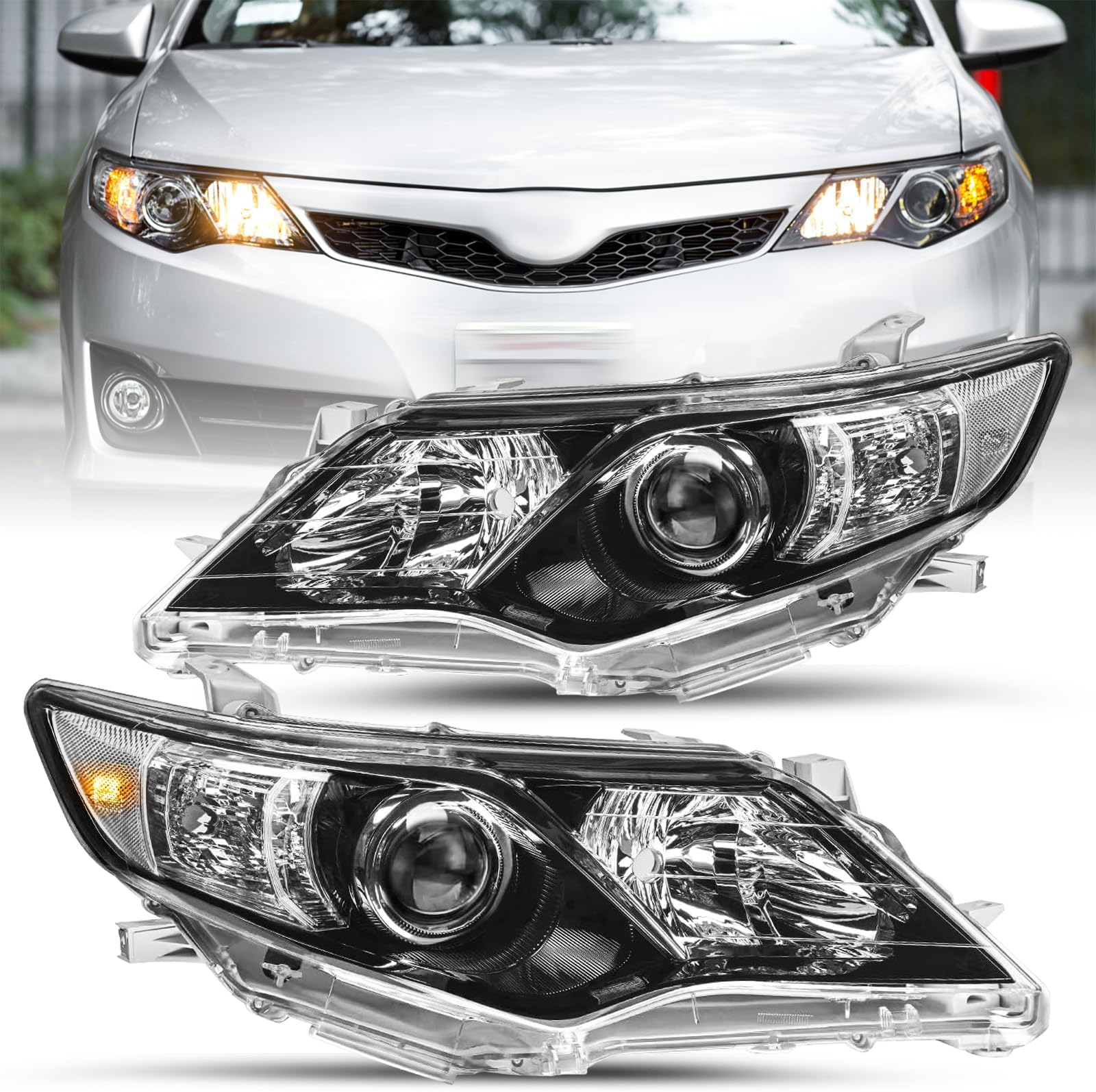 Headlight Assembly Replacement fit for 2012 2013 2014 Toyota Camry SE/L/LE/XLE/Hybrid Projector Driver Passenger Side (Black Housing with Clear Reflector)