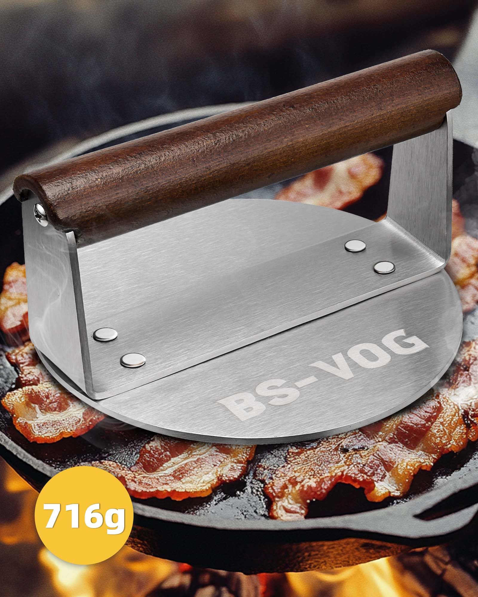 BS-VOG Smashed Burger Press, Pressa per Hamburger con Manico in Legno, 15.24 cm in Acciaio lnossidabile, Strumento per Grigliata, Carne, Patty, Steak, Bacon, ldea Regalo per Amanti del Barbecue